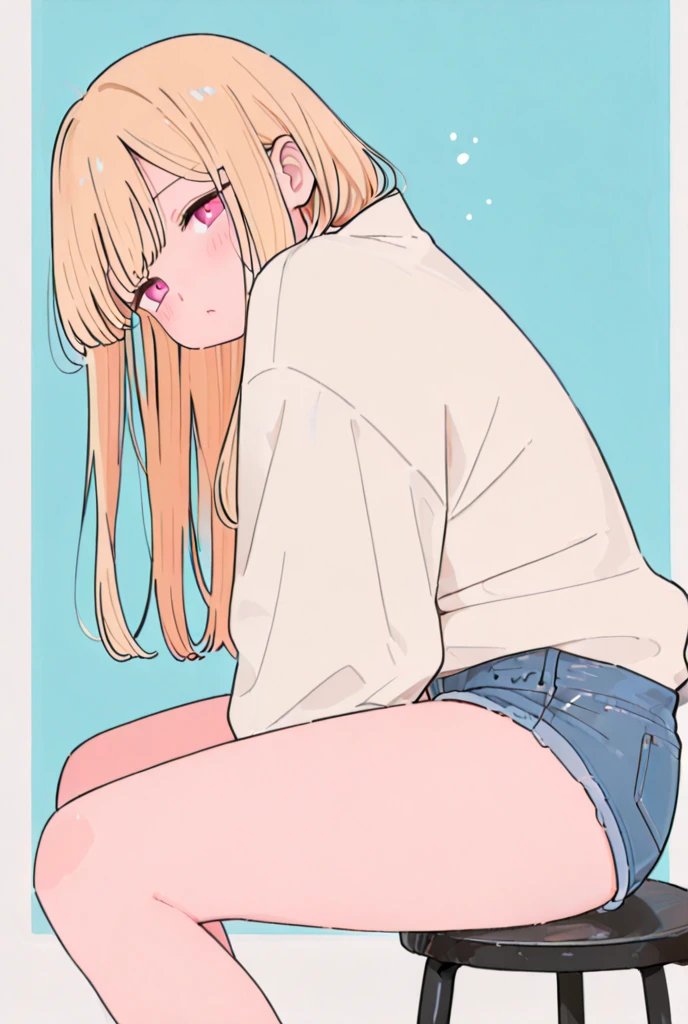 nsfw,(Petite),(boy),blonde low twintails,lips,T-Shirts,Spread your legs,Front pose,Sweat,White Breath,Viewers from the front,slouch,T-Shirtsをめくる