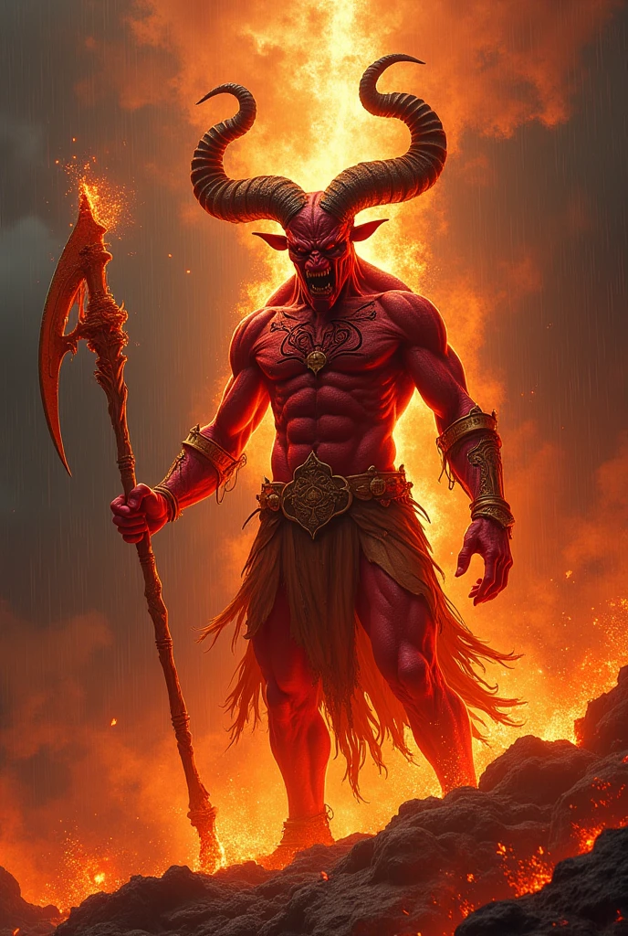 Colossal male incubus,devil, horns, big fiery sword, coy, bare chest, loin cloth, handsome, half body portrait, shaved, in the hells