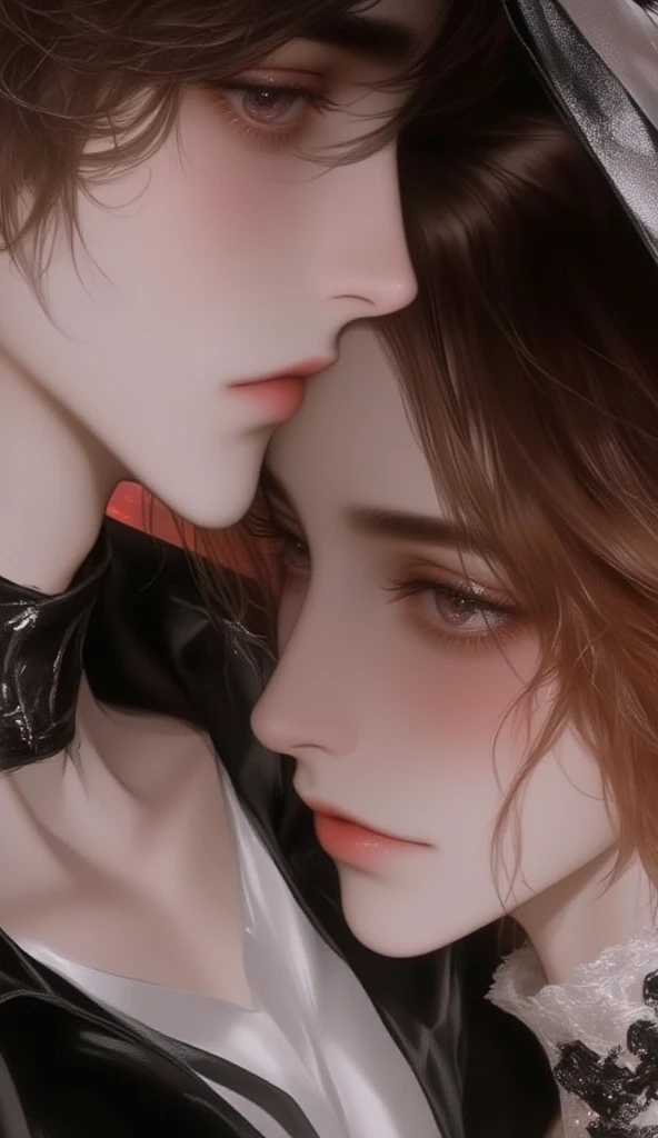 (ultra realistic, highly detailed:1.4), best quality, two androgynous korean boys, cuddling, short messy hair, hoodie, (longneck:1.35)