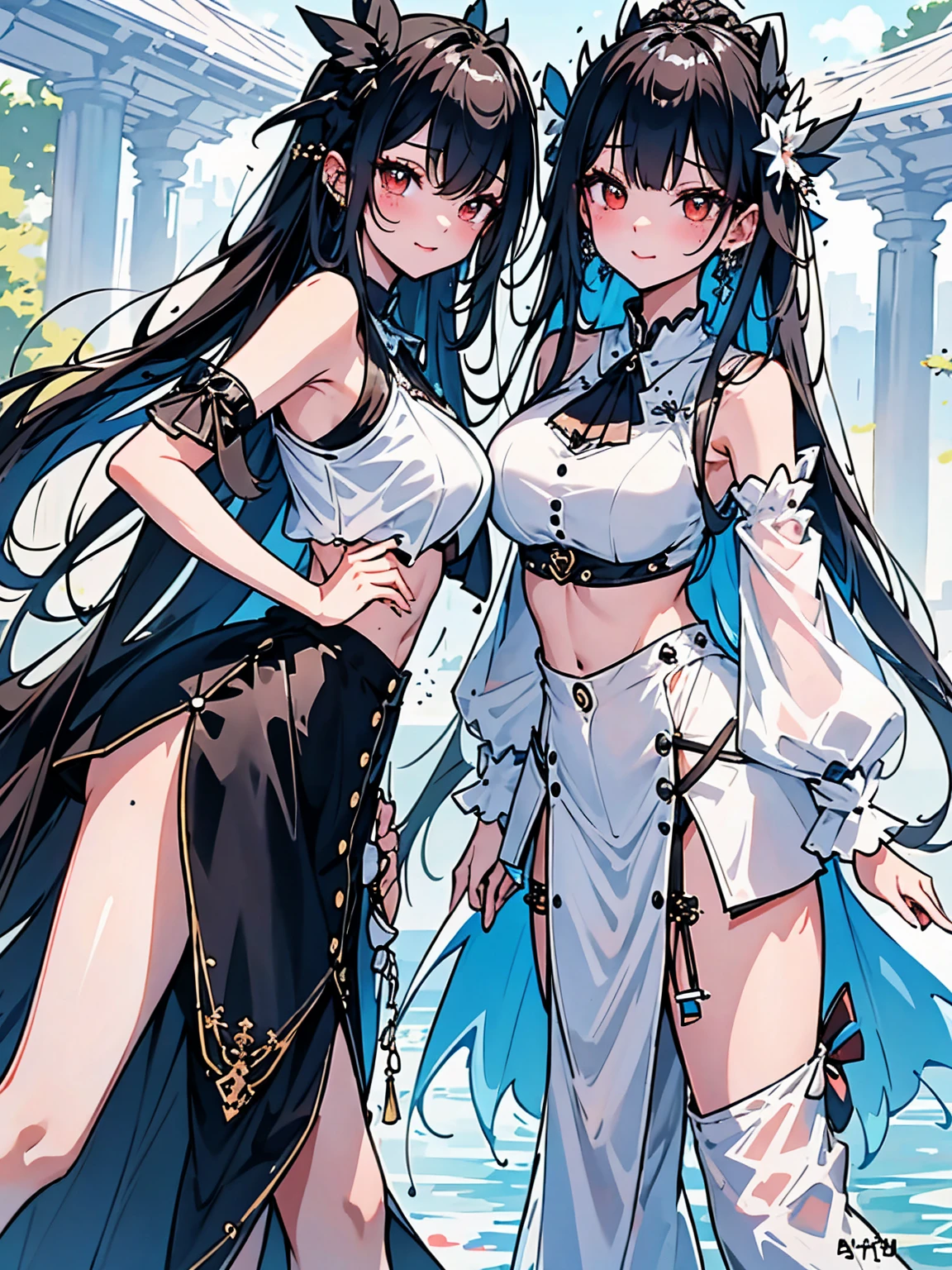 Logo for girl, that is half-length that has black hair, blue eyes, little blue horns, wearing a white corset with gold details, chibi anime style