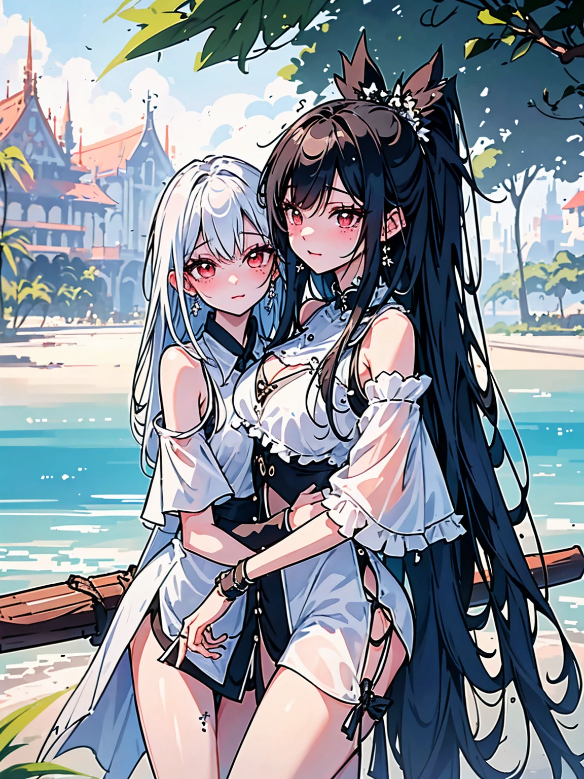 Black hair pink eyes (((((cleavage)))))Hair Flower seaside (((Long eyelashes))),ahoge,(((Long eyelashes))),((Extremely long hair)),(((Flower Tattoo))),((straight_hair)),navel,(((gigantic breasts))),((butt))