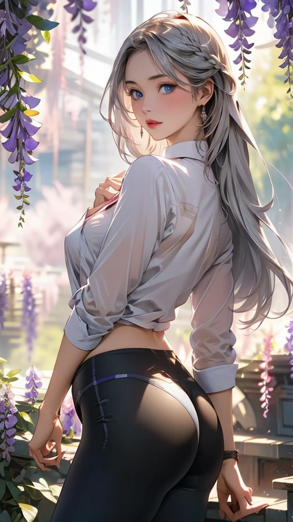 realistic, 1girl, white hair, purple eyes, glowing eyes, crop top, skirt, parted lips, blush, night, flowers, sun, sunlight, big ass, sexy