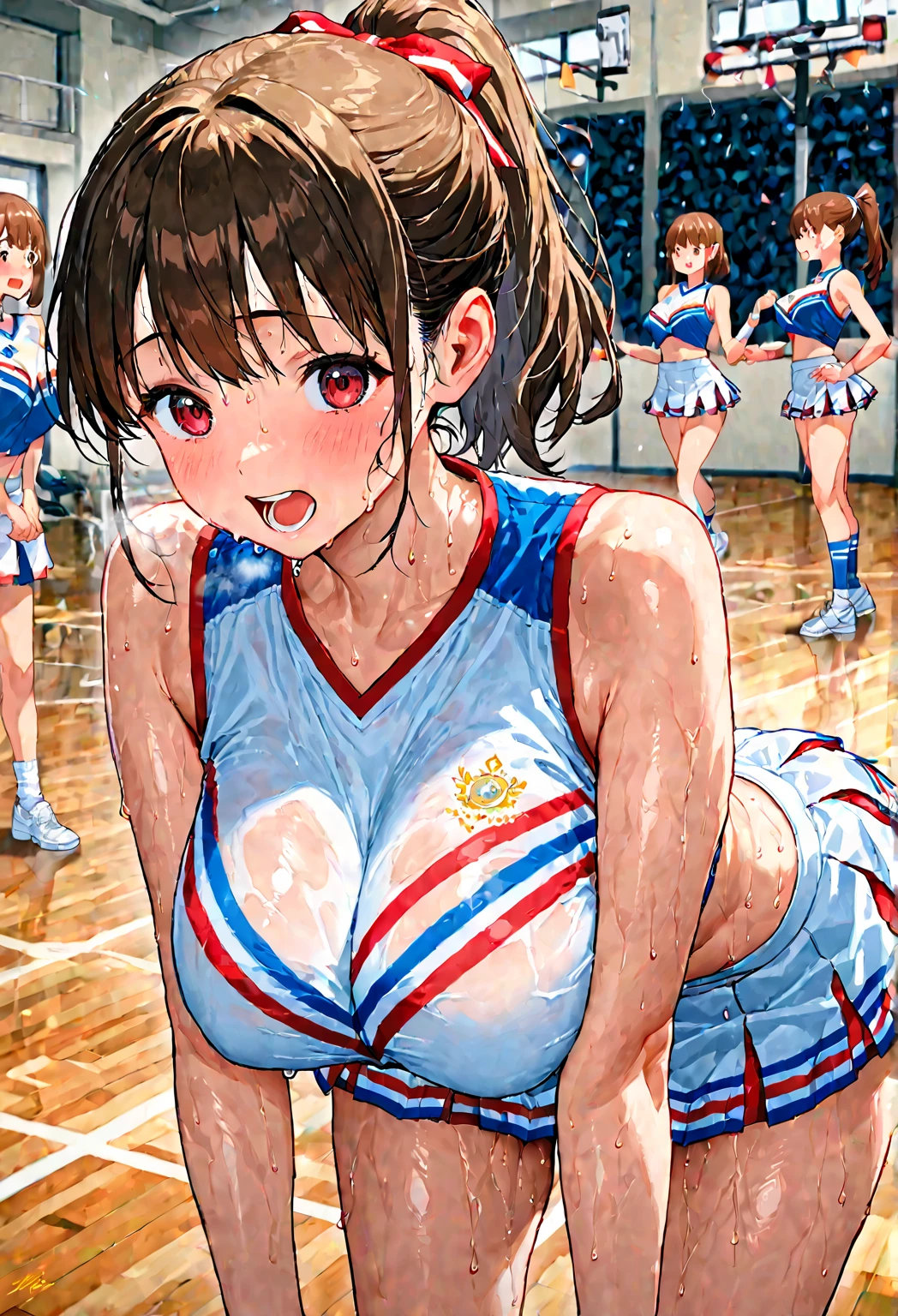 ((NSFW:1.3)),(Textured skin, Anatomically correct, Super Detail, high details, High quality, hight resolution, Best Quality, 1080p,4K),(One-person viewpoint, looking at viewer, subjective:1.4),

(Multiple girls in school gym storeroom),(women's school gym storeroom:1.3)
((Multiple girls, 10+girl with, Group photo of the girls, Group photo of the girls:1.5))
(Girls of different ages:1.5),((line up leaning forward:2)),(busts of all sizes:1.5),(women with various sporty hairstyles:1.5),
(inviting you to have sex),

(from directly below, from below:2),(looking down:2)

nsfw,(enraptured face:1.4),(naughty expression:1.2),(orgasm smile:1.5),seductive smile, excited smile, 
(blush, face blush, blushing:1.3),
(saliva, saliva trail, drooling:1.3),(heavy breathing, steam:1.3)

(volleyball wear:1.4),
nsfw,(pull up the volleyball :1.2),

(Large quantities of sperm:1.5),((facial:1.5)), (sperm covered face:1.8),(cum on breast:1.3),(cum on hair:1.3),
