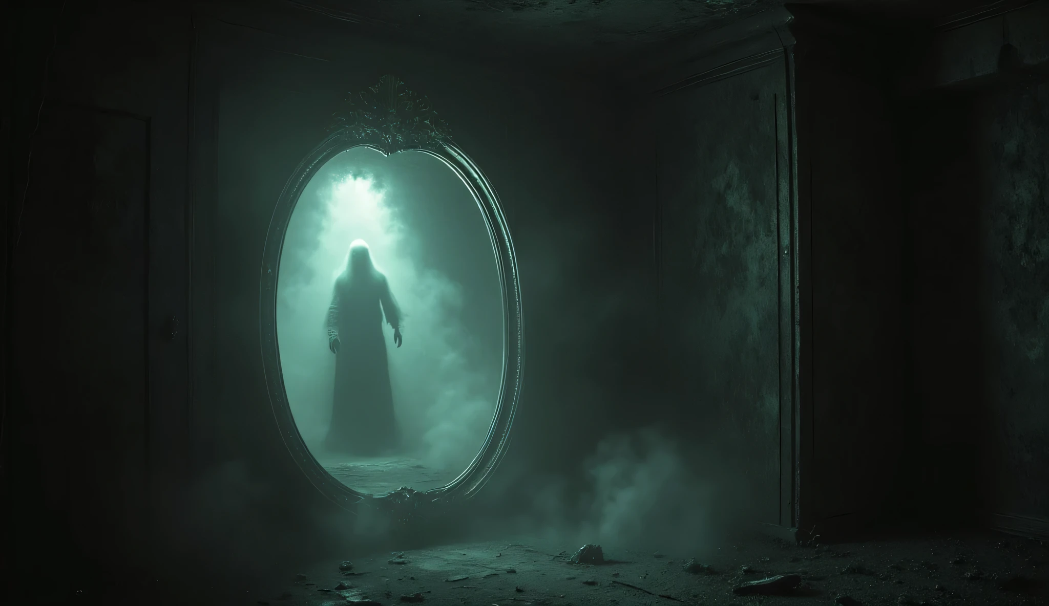Cursed mirror, apparition, darkness, ethereal, mist, light fog, inside haunted house, dark, haunting art, liminal, high detail, masterpiece.