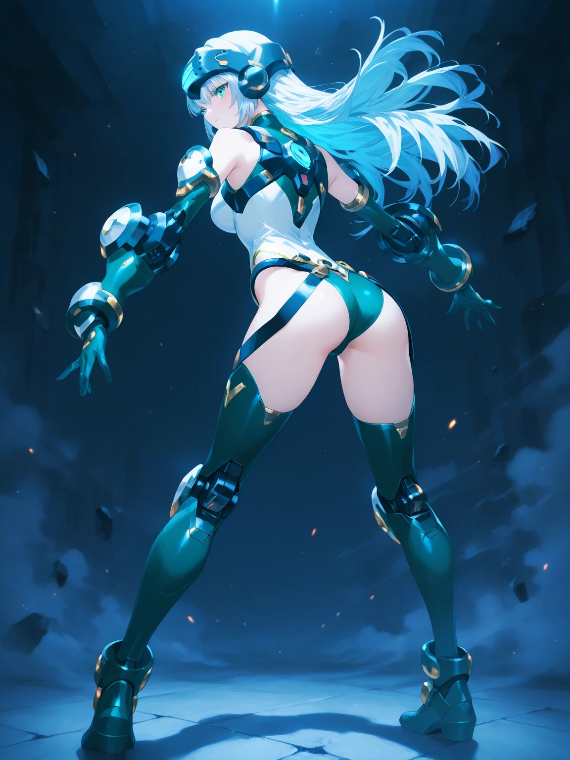 8K, Highest quality, (real:1.4), Original photo, 1 girl, Asari Hair, Biological Amplifier, Very sleek and futuristic armor, posture: Peace talks between warring factions,,attention arousal, smart blue eyes,A modest smile,Knee-high boots,Patent-look blue tights,Blue big moon and blue light swirl in the background,Blue light from behind,blue light magic,A small, glowing blue ball in the palm of your hand,Blue flame swirl,Blue Comet,Polished floor,