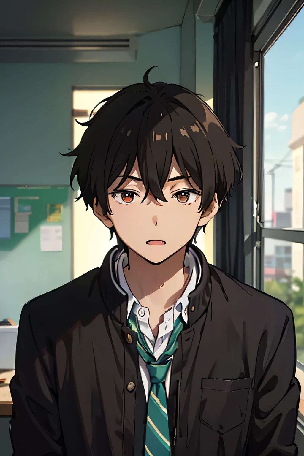 22 years old man, indonesian, slightly plump body, black hair, red eyes, wearing a casual men's shirt, wearing a slightly messy green striped tie, wearing a brown parka jacket, calm, cold, genius, analytical, sharp, silly, cheerful, likes to joke, Sharp eyes full of pressure, Hd, facing forward, half body