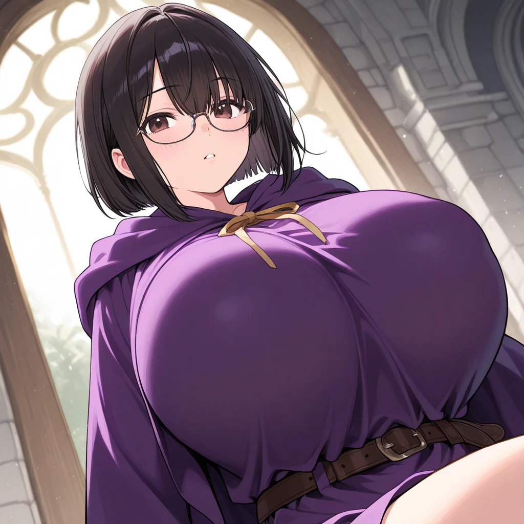 as a Russian:Mature woman with purple eyes, brown hair, a great, very voluptuous body.
