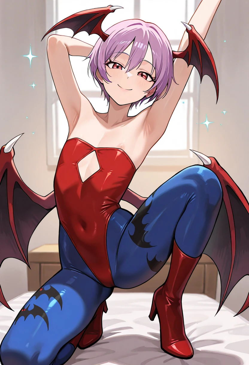 masterpiece, high quality, absurdres, 
solo, looking at viewer, smile, incoming hug, outstretched arms, doorway, closed eyes, open mouth, walking, floating hearts, wide , 
<lora:Lilith_Aensland_IL:1> lilith (darkstalkers), animal print,  shoulders, bat print, bat wings, demon girl, elbow gloves, flat , gloves, head wings, leotard, blue pantyhose, print pantyhose, short hair, wings, medium hair,