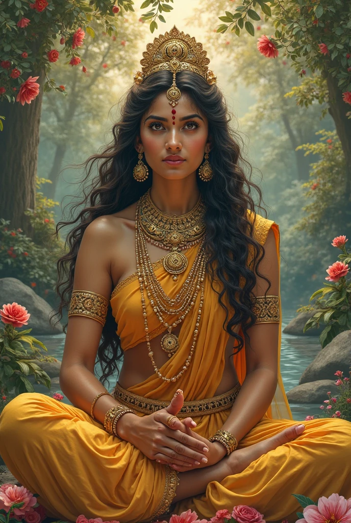 create a realistic picture. beautiful Indonesian woman as a hero in the Majapahit royal dynasty, wearing a small gold necklace like a queen, wearing a red kemben, long black hair tied in a bun, doing floating meditation, bursts of energy from all over her body, unreal machine 5, absurdres, volumetric color lines mix of blue red white lighting around his body, eyes to the camera, rainforest background
