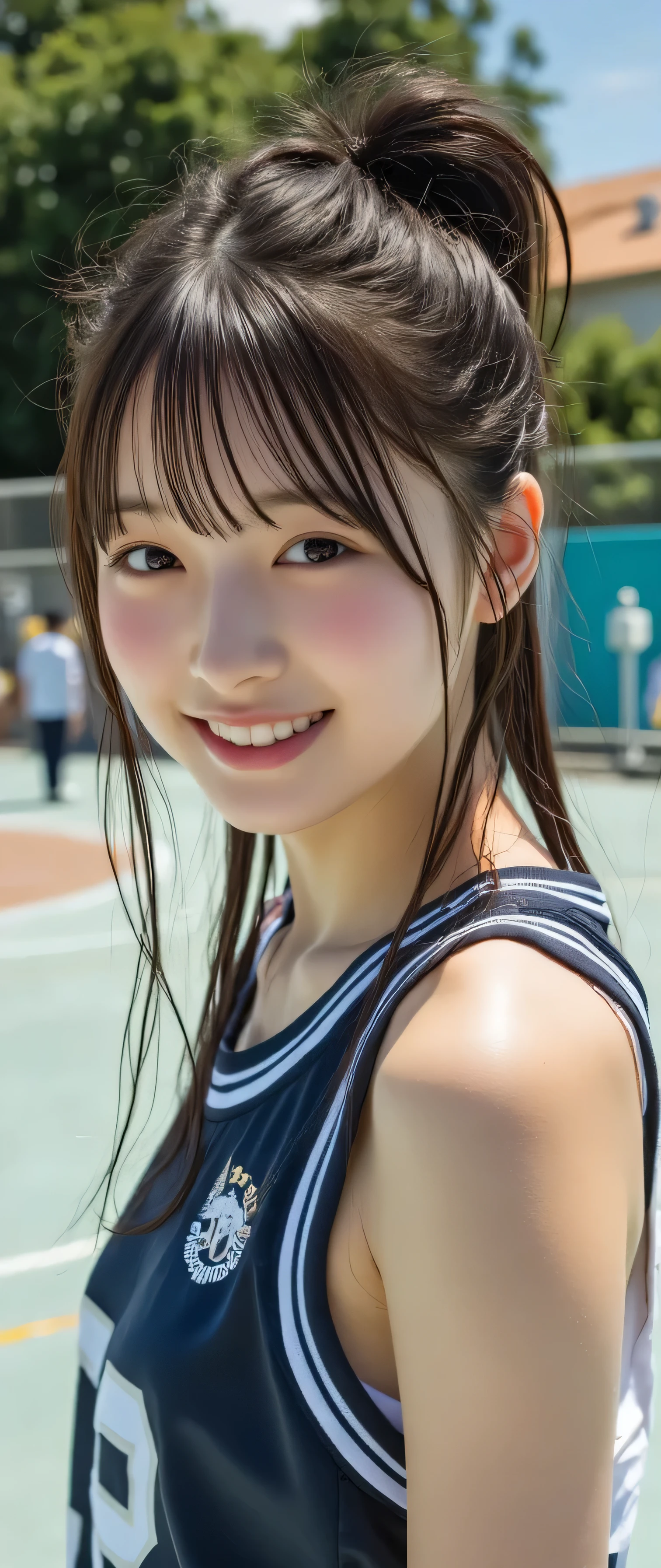 (beautiful girl:1.3),1girl,Black Hair,school ground,tilt one's head,basketball uniform