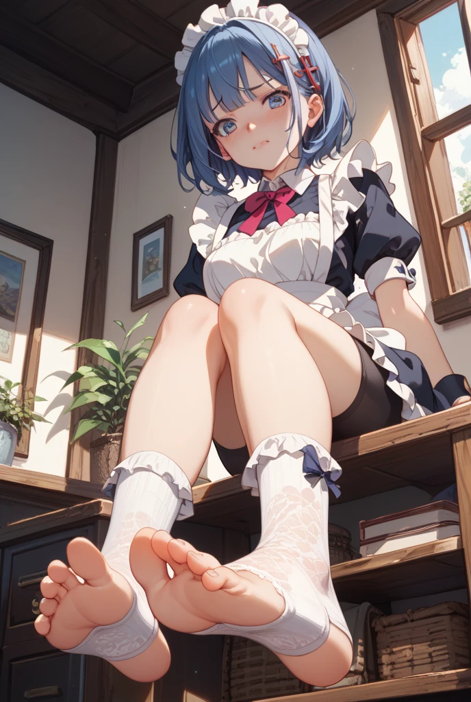 score_9, score_8_up,score_7_up,black hair,black bonnet,baggy vampire costume,darkblue hair,wavy short hair,open mouth,double teeth,claw pose,desk,sitting on desk,barefoot,foot focus,from below,bare legs,pale skin,