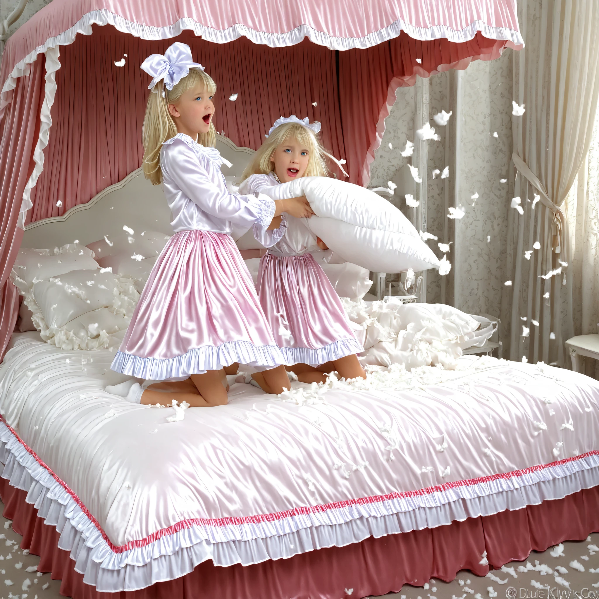 ((cute girl on a big bed)),((As a child )),((Little Girl)), ((little girls pillow fighting on the bed,pillow fight:1.2,)),they have a frilled silk satin pillow,((lot of white feather flying,detailed realistic feather:1.0)),short body height,((white-skinned American, blue eyes, Long blonde,detailed faces)),cute face,pink silk satin nightgown,pink silk satin frilled mob cap with ribbons,((lots of frills and ribbon decorations)),long sleeve,Ruffle sleeves, ((long skirt:1.4)),white socks,Big Bed with Lots of Pink Silk Satin Cushions,pink cute canopy bed , ,Four-poster canopy bed,King Size Bed,Bigger bed,frilled pink silk satin rpillows,More pillows, pink silk satin soft comforter,round puffed comforter,Ruffle Lace Silk.retro white pipe bed frame, realistic,((Out of frame bigger King Size Bed:1.2)), silk satin curtain with ruffles ,
