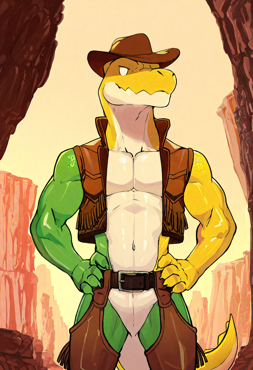 anthro, gummigoo, two_toned_body, white chest, white eyes, green and yellow body, standing , shiny_body, smug_expression, 4k, e621_post_recursion, anatomically_correct, masterpiece, realistic, best quality, muscular male. Standing up, Black jockstrap, huge bulge. Buff