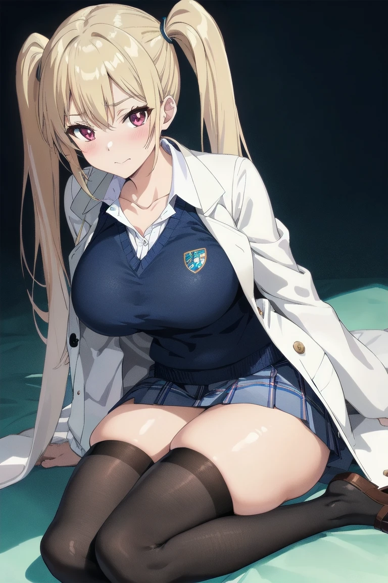 (masterpiece:1.3),((High resolution)),((high quality)),((Super detailed))、One Girl、Perfect balance、Perfect Face、Detailed face、Cute face、beautiful詳細な目、Expressive eyes、Cute eyes、Shining Eyes、Perfect body、beautiful体、Emma Aizawa、Long Hair、Gradient Hair、hair band、Earrings、Blue tie、Collared shirt、((White Dress))、((White coat))、Armband、Long sleeve、(Black gloves)、Black Belt、Garter Straps、(Black knee socks)、Cowboy Shot、smile、Outdoor、Closed Mouth、(head shot)、Embarrassing、beautiful女の子、Cute face、beautiful顔、Cute face、beautiful、Best Quality、good anatomy、smile、Closed Mouth、blush、((Full Body)),((Super detailedな背景)), Mistress Pose, ((8K Wallpaper)) , Outdoor, Day, blue sky, empty, Watching the audience, Moody lighting, In-person audience、Sitting、From above、(NSFW:1.3)