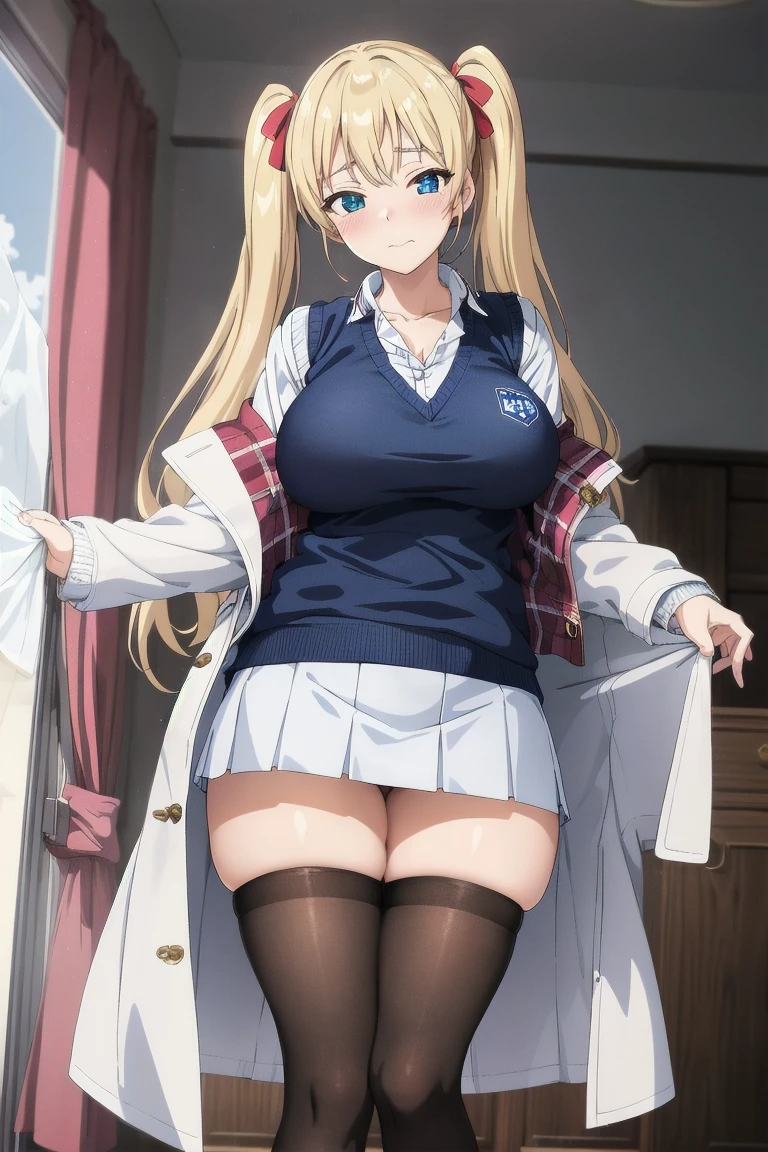 masterpiece, best quality, high quality, beautiful anime character, solo, anime girl with brown hair, soft hair, long hair, blue eyes, cat ears, big breasts, mature female, tall female, big girl, thick, (calming face, light smile, loving eyes), indoors, (white shirts, white panties, dark blue pleated skirt), cat tail, from below view, school girl, white socks, sitting, panties peeking, crotch highlighting, 