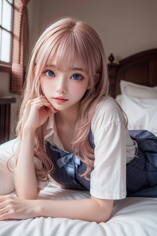 top-quality、超A high resolution、Photorealsitic、a picture、masterpiece、reallistic、真实感、photorealisim、High contrast、Photorealistic Art Station Trending Digital Art 8k HD High Definition and Detailed Realistic, detaileds, Skin Texture, ultra-detailliert, realistic skin textures, armature, top-quality, 超A high resolution, (Photorealsitic:1.4),, hight resolution, detaileds, Raw foto, sharp、photo of a Young girl、A pink-haired、a bed、co-sleeping、Kneeling on the bed、Babydoll appearance