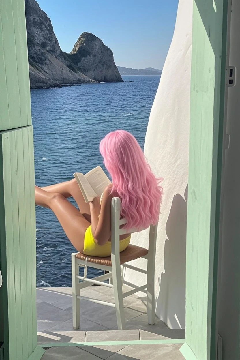 iphone, fujifilm, celeste, (pink hair:1.2), (curls hair:1.1), hair details, (1girl:1.5), one white woman, (photo realistic:1.4), (hyper realistic:1.4), (realistic:1.3), (smoother lighting:1.05), (increase cinematic lighting quality:0.9), (realistic textures:1.3), 32K, ray trace, (increase light:1.2), (Increase quality:1.4), (best quality real texture skin:1.4), (Increase body line mod:1.1), (Increase skin texture beauty:1.2),(full body:1.3), (perfect body:1.2), (film grain:0.8), medium breasts, thin waist, (masterpiece:1.2), background details, (italian villa:1.2), (luxus house:1.2), cypress trees, clay colored building walls, photo taken from behind, hands up, stretching, (big arch with view to mountains and sea), symmetric room, bedroom, back details, detailed body, sexy lingerie, bra, panties