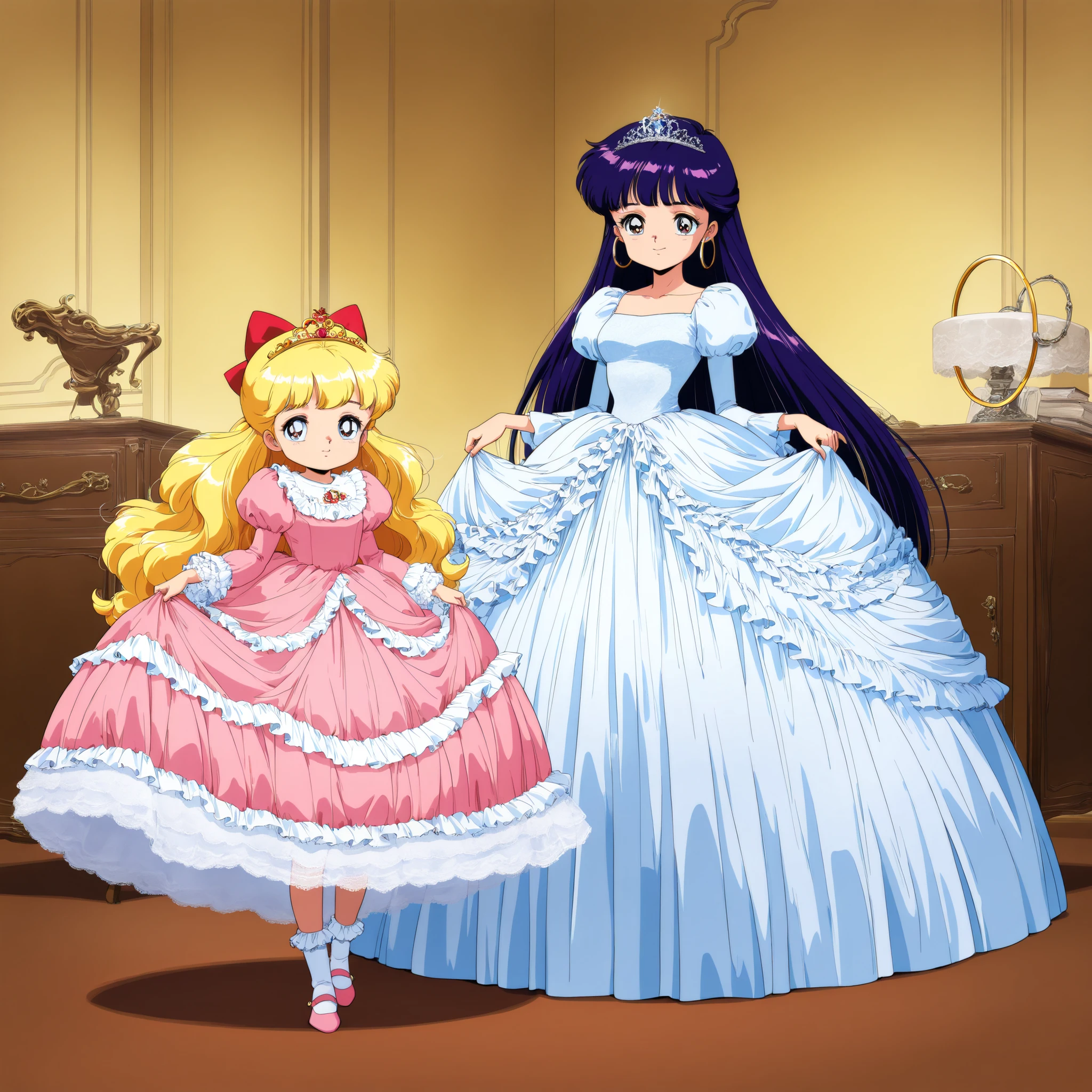 top quality, piece, highest resolution, Ultra High Definition,Official Artwork, Super Detailed, , girls are princesses ,short tall:1.2,((Little Girls)),The 1990s animated illustration,retro anime,princess,Inside Victoria's ultra-luxurious dancehall, the,key visual,onde Long Hair,She's lifting the skirt with her hands,((pink full length ball gown dress:1.0)),((large round hoop skirt)),((long skirt)),the dress has lots of lace and frills, Tiara,long sleeve,Puff Sleeves ,long dress,The dress has lots of red bows, WHITE LONG SOCKS ,ruffle socks, dress has layers of lace petticoats, you can see lace petticoats and drawers under the dress