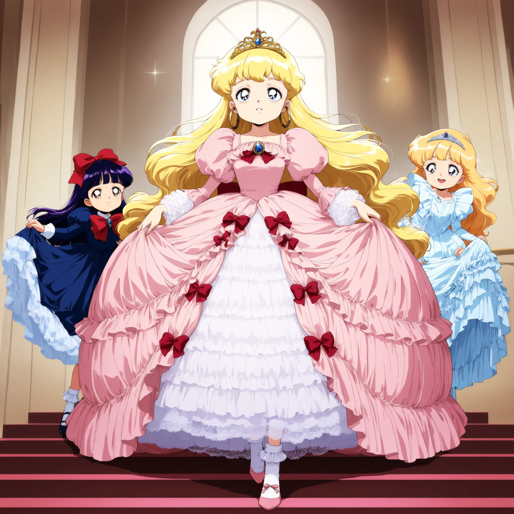 top quality, piece, highest resolution, Ultra High Definition,Official Artwork, Super Detailed, , girls are princesses ,short tall:1.2,((Little Girls)),The 1990s animated illustration,retro anime,princess,Inside Victoria's ultra-luxurious dancehall, the,key visual,onde Long Hair,She's lifting the skirt with her hands,((pink full length ball gown dress:1.0)),((large round hoop skirt)),((long skirt)),the dress has lots of lace and frills, Tiara,long sleeve,Puff Sleeves ,long dress,The dress has lots of red bows, WHITE LONG SOCKS ,ruffle socks, dress has layers of lace petticoats, you can see lace petticoats and drawers under the dress