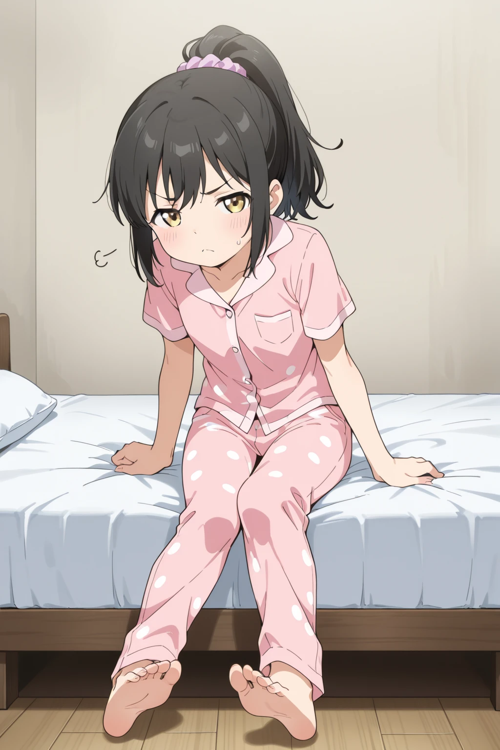 1girl, 独奏, medium breasts, dark skinned girl:1.2, ,(dark skin:1.8), black hair, short hair, pixie cut, wavy hair, (((open eyes))),  wake up yawn, open mouth, covering mouth, pijamas, (white pajamas), window, morning, looking at viewer, sitting, seiza, waking up, on bed, full body,  ((ultra detailed, masterpiece, best quality, 8K)),(Urine-stained futon,Pee-stained futon,Steam from crotch,Hospital room,Urine vapor),((huge breasts)),(Open one eye,Open only one eye,Surprised face),cheek,(6yo),((((NSFW,littlegirl,Open pajamas)))),puffy nipples