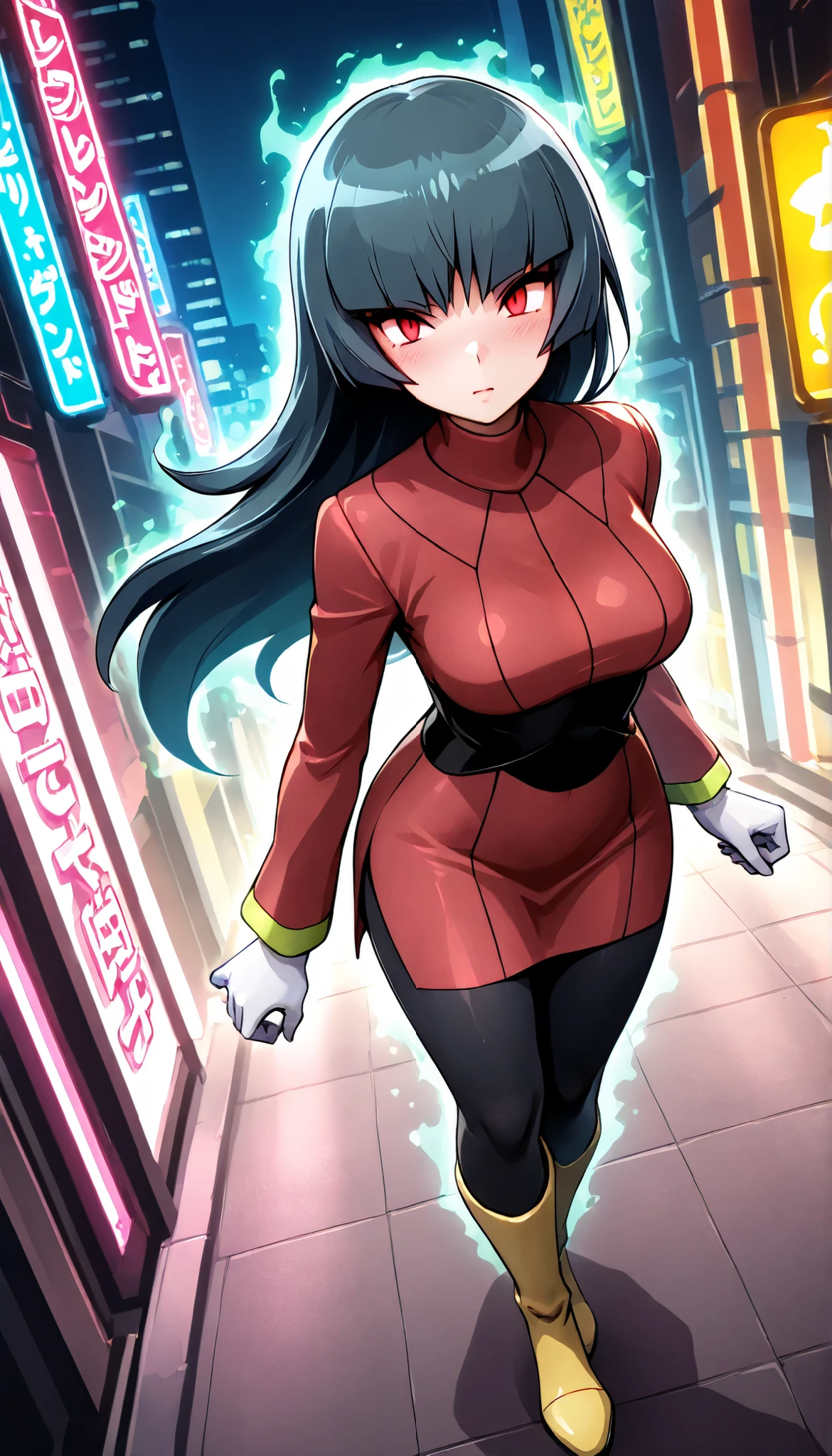 , quality_ Masterpiece, anatomically correct, vivid colors, 8k quality 1 girl, Sabrina Pokémon, solo, long inky black coloured hair, red eyes, light skin, slight blush, medium sized breasts perfect hands, perfect fingers , red dress, black leggings, boots, white gloves, stood in a futuristic neon light city, dynamic angle, dynamic background, psychic aura, hands by side, arms by side