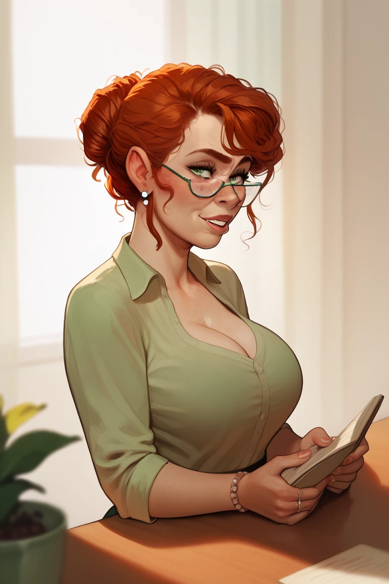 One woman, stockings,black leather skirt, business suit, clock, long jhumka earrings,red lipstick,red hair bun,black glasses,green eyes,big breasts,small cleavage , curvy body