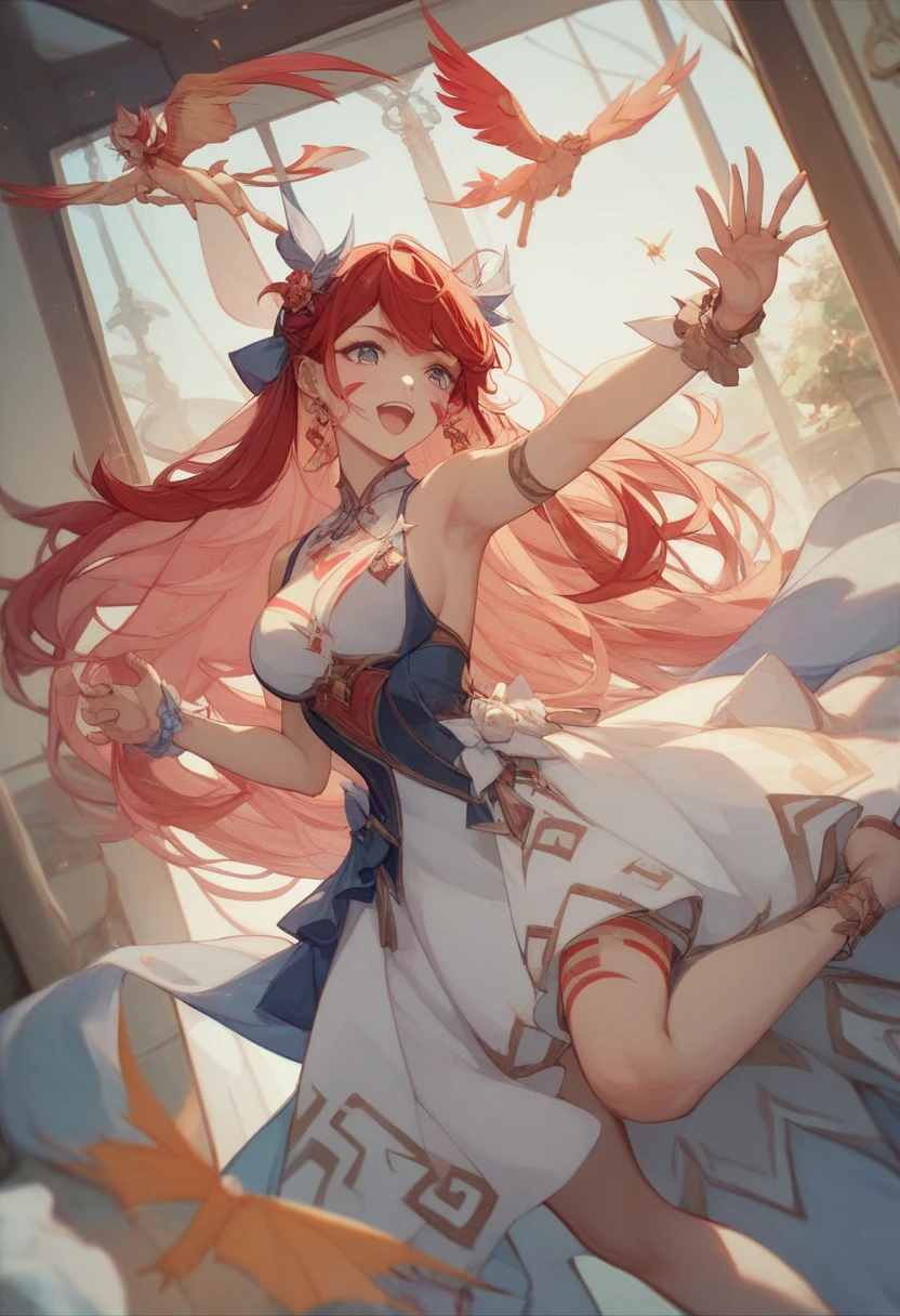masterpiece、best quality、illustration、female、20 years old、japanese、ultra-detailed face、long hair、two-tone hair、white red hair、slim body type、reaching out、dress、body paint、flying