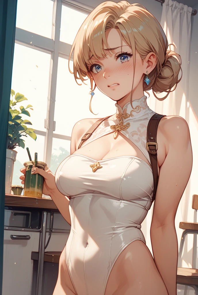 masterpiece、highest quality、Very detailed、An illustration、Beautiful fine details、One Girl、cute、Detailed landscape、Training Room Background:1.4、Platinum Blonde Hair、Braided Ponytail、Red camisole、((a cup breasts, Tank top showing underboob:1.3))