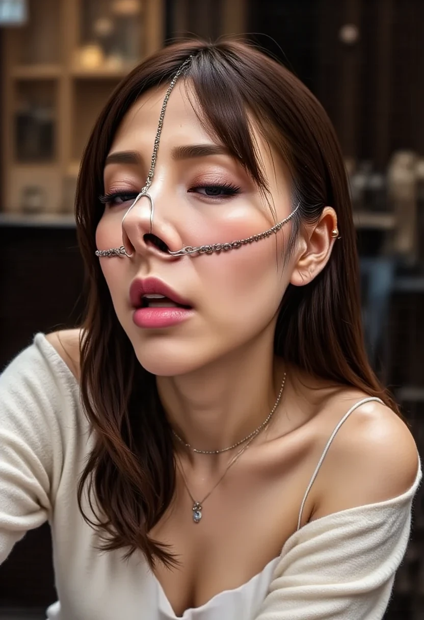 Fashion trendy beautiful and charming woman, gentle and charming Chinese beautiful woman, delicate and sexy collarbone, charming oval face, double eyelids, smart peach blossom eyes, pink lips, small nose, bare shoulders, focus on the face, close-up of the face, Ultra-high-definition, super-detailed, full-body photo, ultra-thin and light-transmitting, the white off-the-shoulder shirt perfectly echoes the light blue slit skirt, fresh and good, and can be seen through