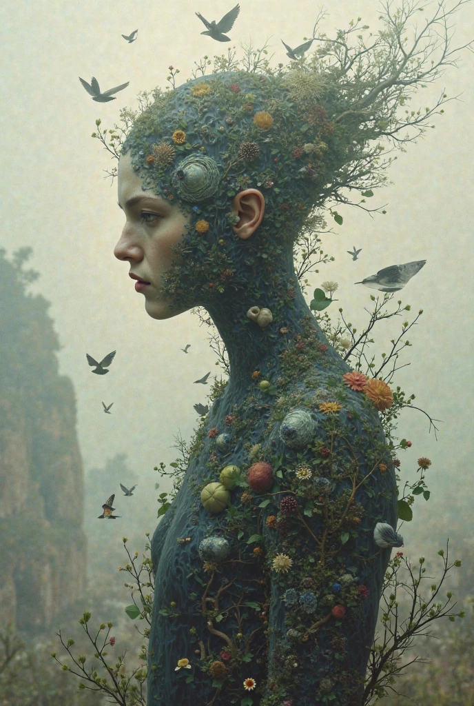 The design features a representing the elements of air and earth.

Feminine Figure (Earth): Representing the element of earth, the feminine figure is delicate yet strong, with features that evoke vegetation. The colors are greens and browns, with textures that convey the stability and fertility of the earth.

Masculine Figure (Air): On the other side, the element of air is depicted as a dynamic and intense masculine figure, with an aura of battle. This figure could be a winged entity or an abstract form that suggests movement and conflict. The dominant colors are light blue or white, with details resembling clouds or wind, emphasizing a sense of power and turbulence.

