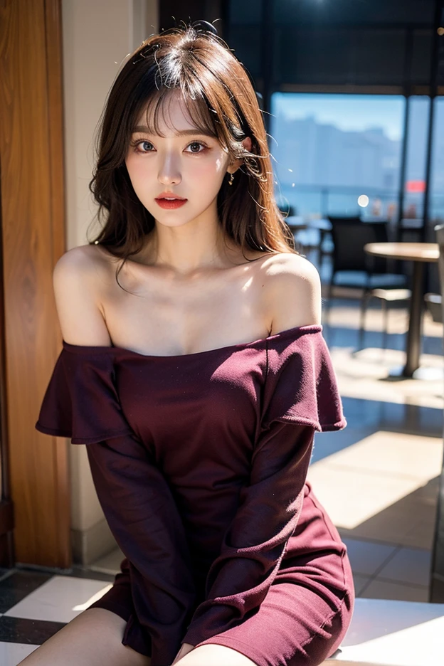 detailed background, masterpiece, best quality, 1 person , curly hair, long hair, purple eyes, star in eye , red silky Strapless blouse, long skirt