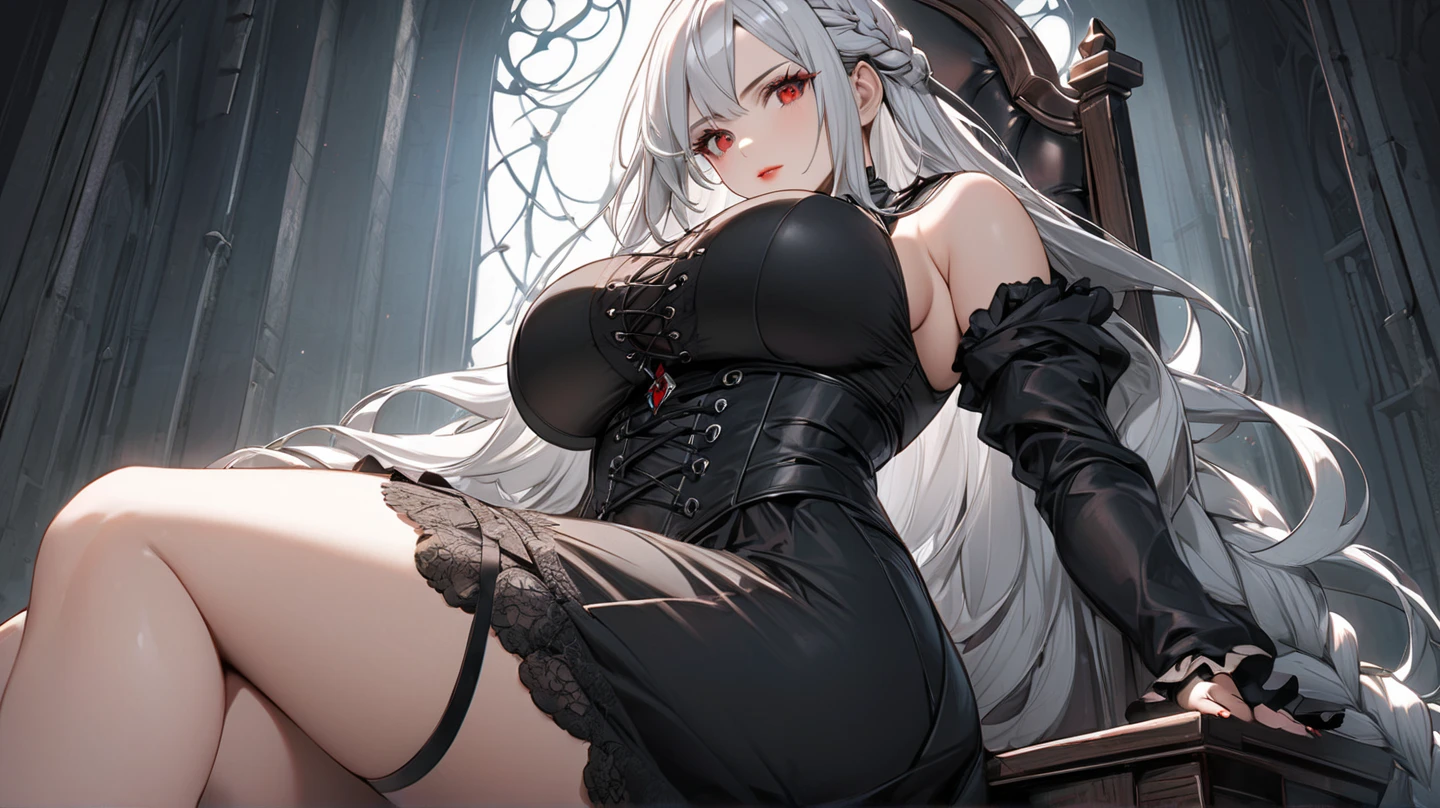 (High resolution)),((Game CG)),(masterpiece),(highest quality), (Very detailed),shape,((Very delicate and beautiful)), , Very embarrassed look,Looking at the audience,(((18-year-old female)),((whole body)),Detailed face and eyes,Jewel-like eyes,(Loosely braided long hair),,,(Super huge breasts,Long and slightly saggy breasts,very big nipples) Silver hair and black eyes Plump body Rubber suit with lace, mini skirt, black knee socks, skirt lift