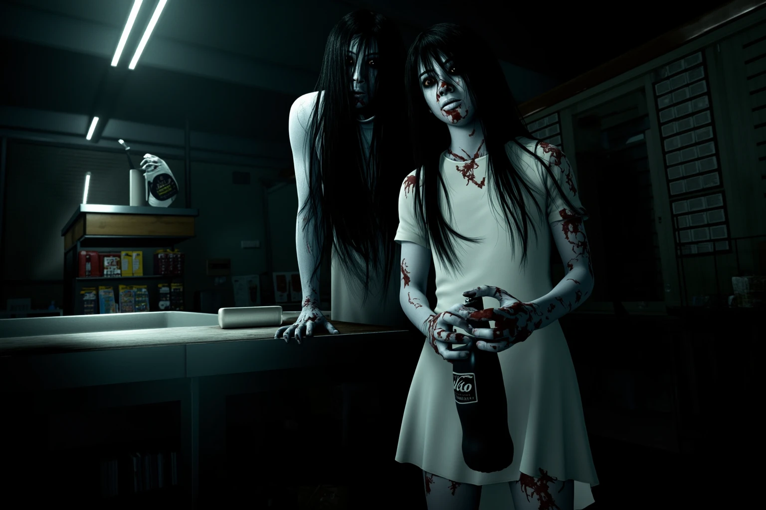 Japanese horror style, A young male clerk, night shift, inside a small convenience store with dim flickering fluorescent lights. 
Sadako Yamamura stands motionless at the counter, long messy black hair covering her face, wearing a dirty white dress, pale skin, ghostly presence. 
Kayako Saeki leans forward beside her, twisted and tense posture, pale bluish skin, blood-stained white nightgown, wide creepy eyes, disturbing smile. 
Both hold a cola bottle in their hands. The clerk stares in silent fear. Tense horror atmosphere, cinematic lighting, photorealistic, high detail.
