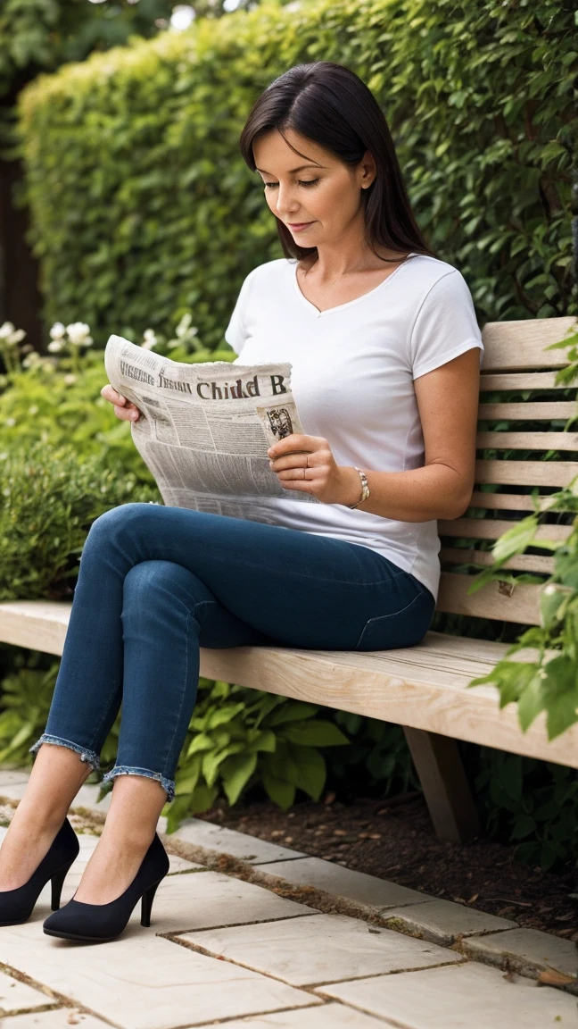 Beautiful Western mature woman reading a newspaper while sitting in a corner of the garden where children are playing