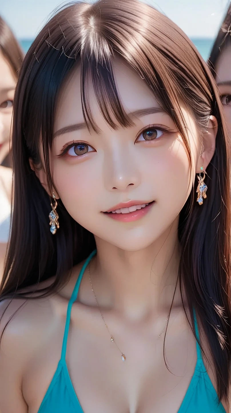 (Highest quality, DSLR shot, 8k, highest quality, high resolution, highest quality, highest resolution, very beautiful woman, perfect anatomy), bright brown eyes, very bright brown eyes, small diamond-shaped earrings, looking directly at the camera, beautiful brown hair, ((youthful face, loose and cute medium ponytail)), very short and beautiful bangs in brown hair, E-cup breasts, very beautiful 20-year-old, lip gloss, very happy smile, very cute smile, upper teeth, beautiful teeth, (random summer beautiful ocean or pool horizon (background only)), slightly larger eyes, small face, tall supermodel, beautifully shaped model, random cute poses, dynamic angle, eye focus, head tilt, very detailed and realistic, very beautiful 20-year-old, ((medium shot)), sharp jawline, ((setup coordination outfit)), deep waist curve, sexy legs, side view, very happily smiling, laughing, summer daytime.