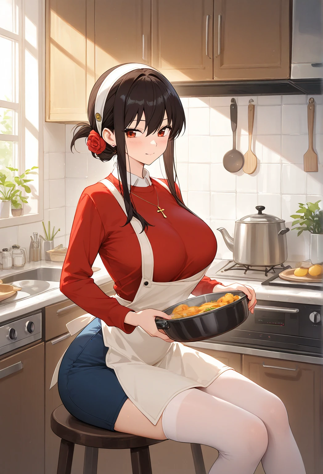 One Woman、beautiful girl、waitress、20-year-old、Side Ponytail、restaurant、waitressの制服、Short skirt、Black Pantyhose、Holding the tray、Highest quality, smile,, Big Ass、Big Breasts、Very big 、Place your breasts on the tray、 sink into the tray、Empty tray、Place breasts on the tray、おっぱいの下にHolding the tray