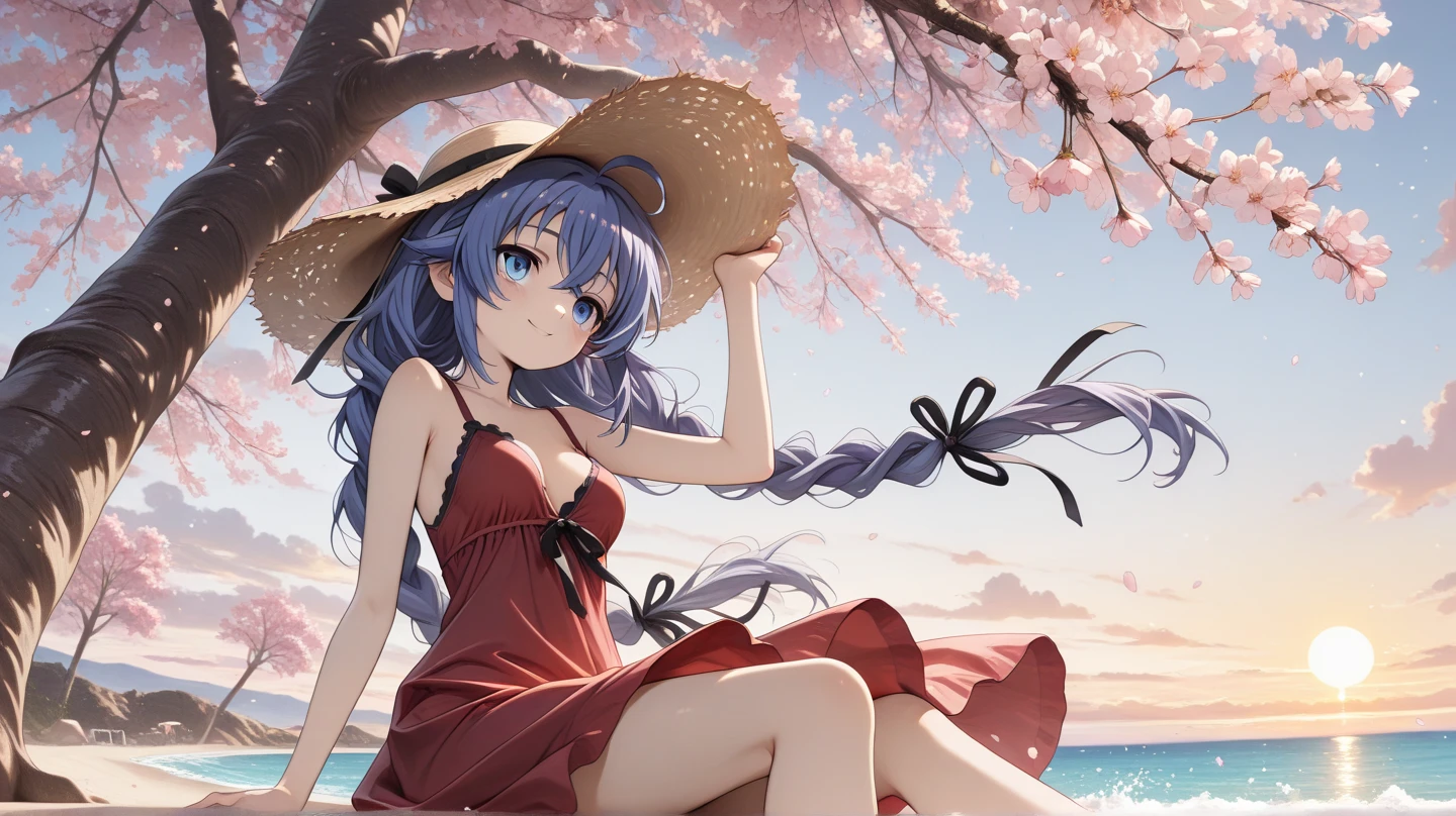 ((Best quality)), ((Masterpiece)), ((Ultra-detailed)), (illustration), (Detailed light), (An extremely delicate and beautiful), Dramatic perspective,A charming young girl,Pink swimsuit,Straw Hat Cap Topee