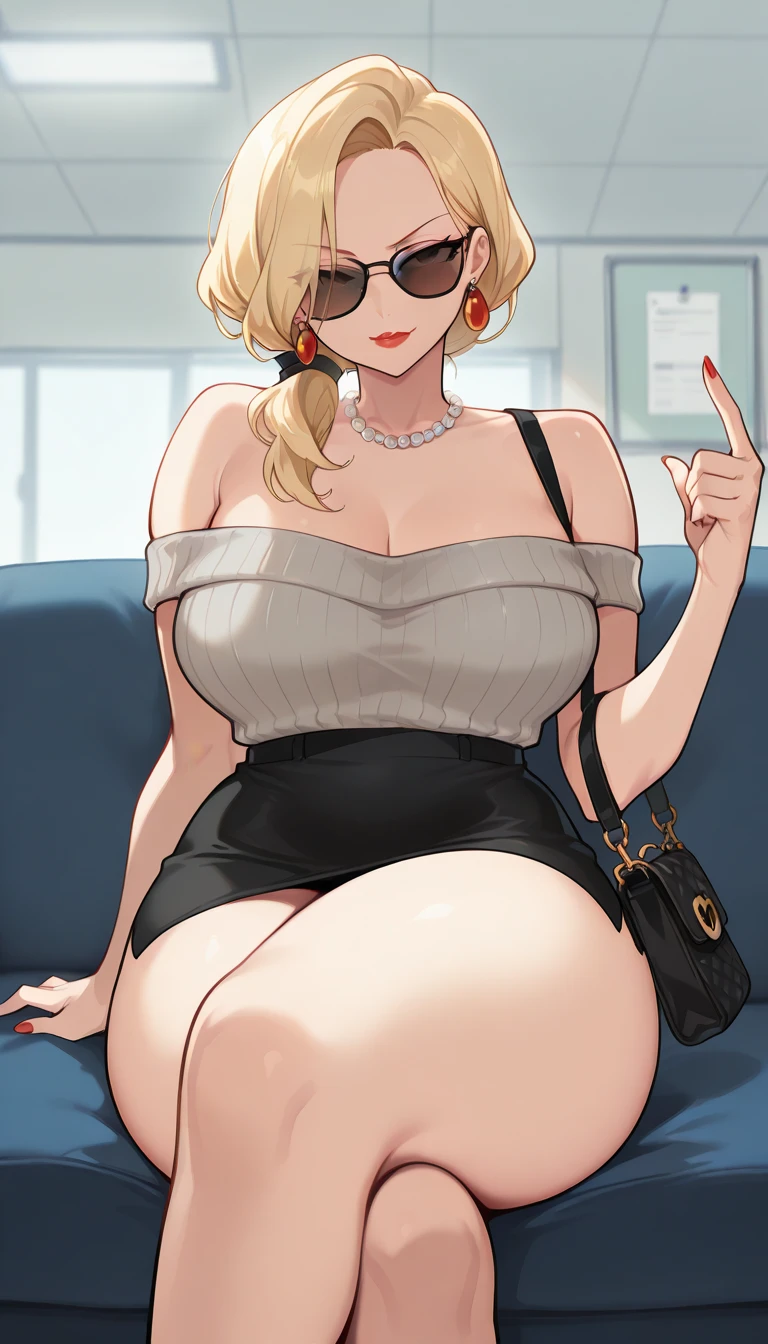 beautiful, (masterpiece:1.2), (best quality:1.2), perfect eyes, perfect face, perfect lighting, 1girl,mature, MILF, medium breasts, leggings, white plaid shirt, neckline, short hair(blonde), necklace, earrings, ring, long nails, one hand on hip, office, rural background,smiling, blush, thick thighs