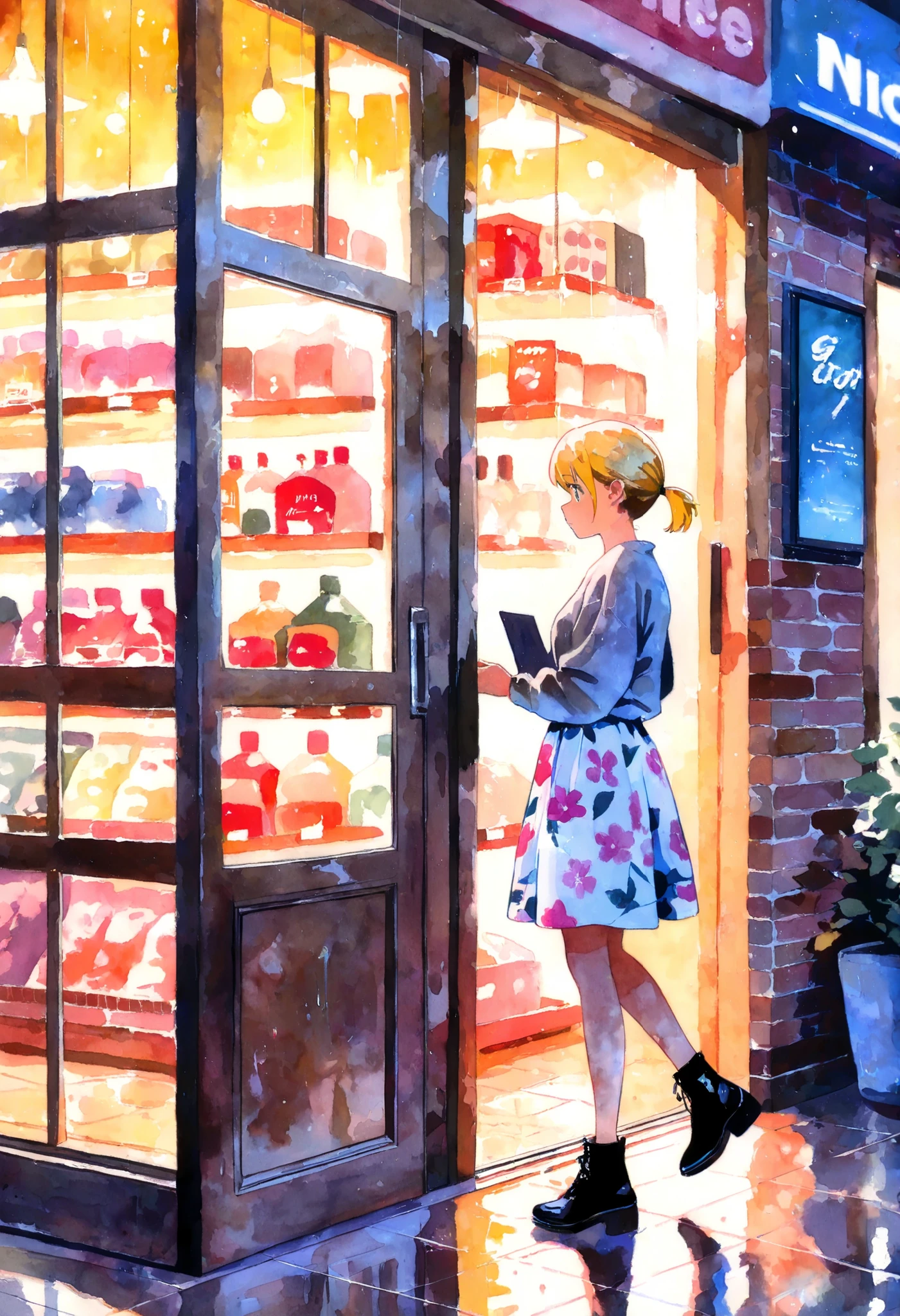 best quality, amazing quality, masterpiece, newest, shiny highlights, no lineart, (watercolor \(medium\):1.4),
1girl, floral skirt, blonde, short ponytail, looking at product, shopping, convenient store, product on shelf, fluorescence light, reflective floor, door, brick wall, muted tones, warm light, by night, mudnight, rainy outside