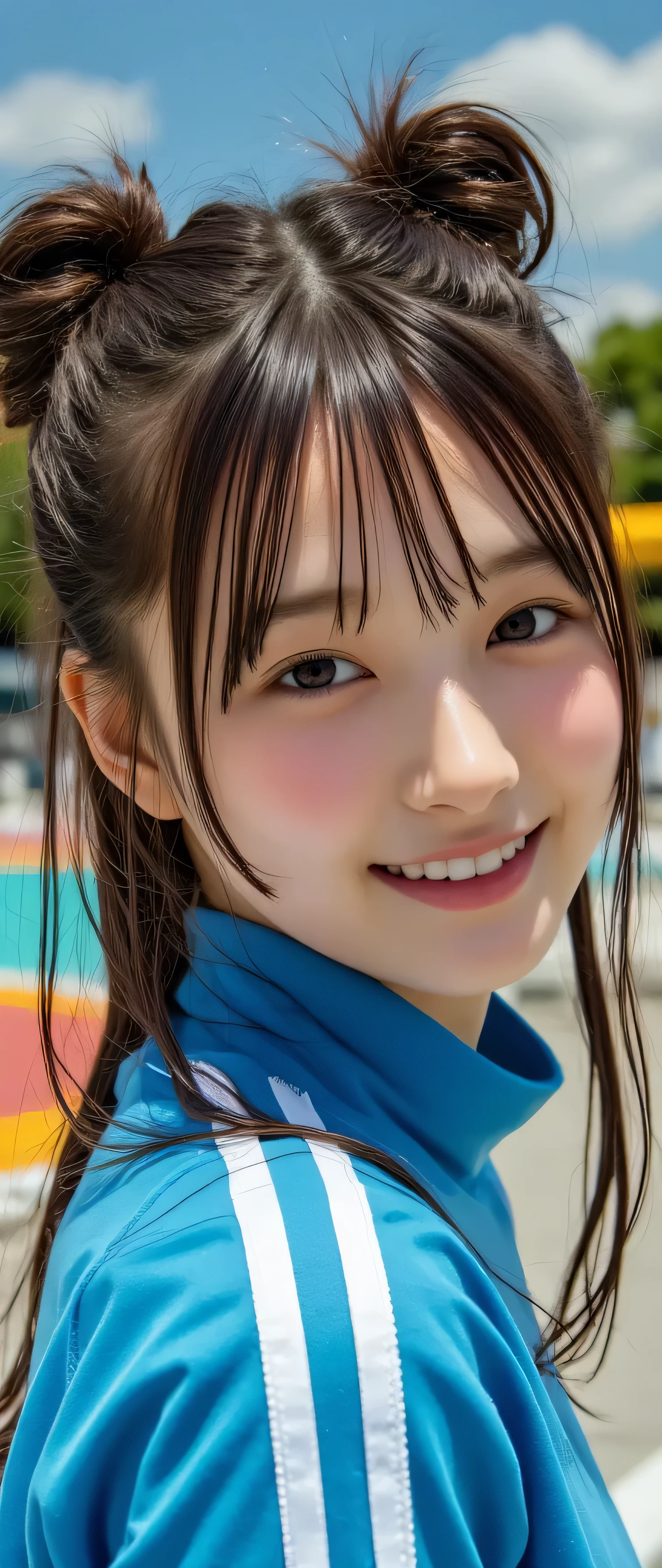 (Bra removed:1.5),(Lips Close-ups :1.8),from above,(beautiful girl:1.3),1girl,brown hair,double buns,Bright blue track jacket,smile,school ground,tilt one's head,Beautiful glossy lips