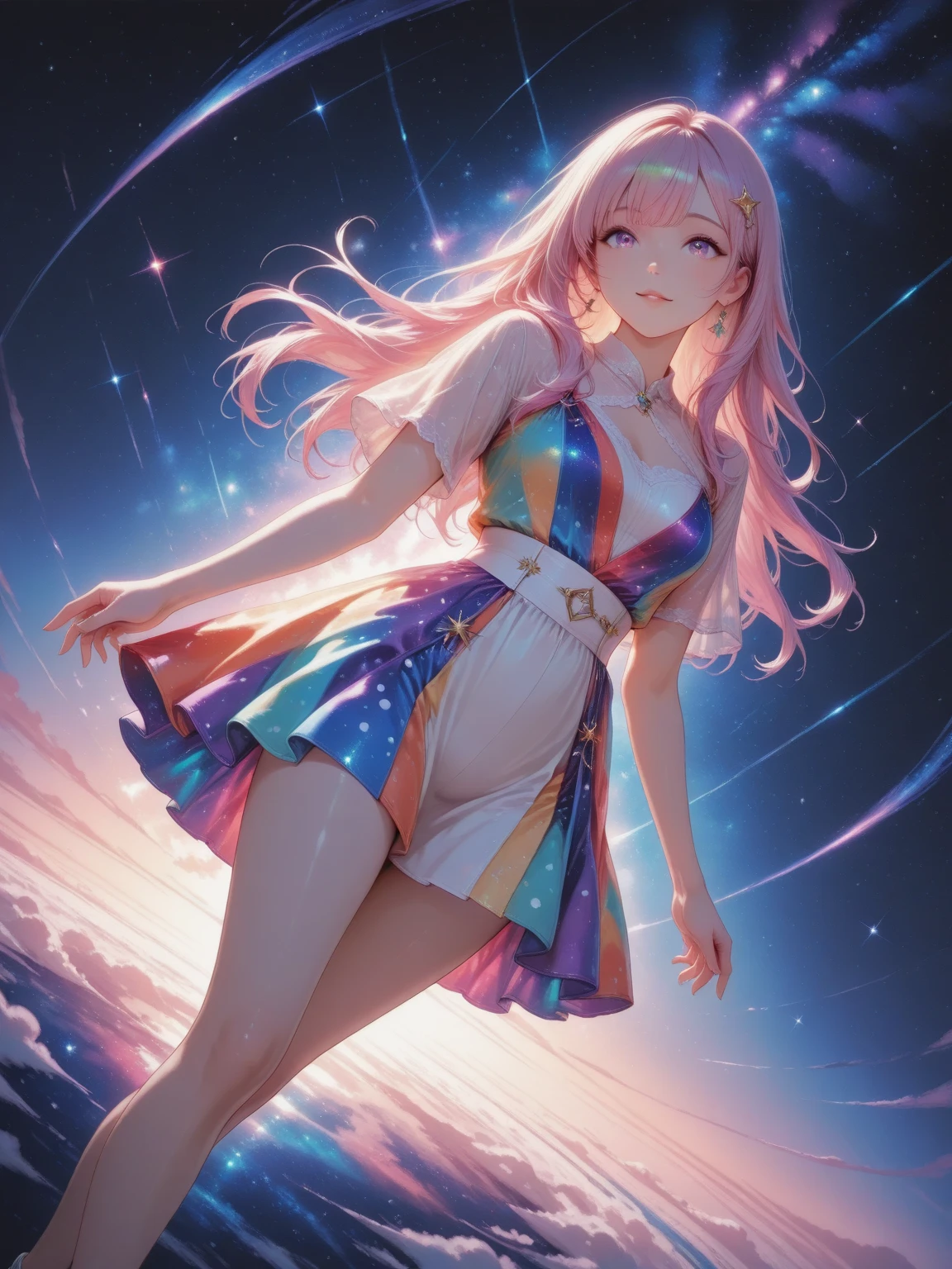 A stunningly ethereal woman, composed of a dazzling array of rainbow hues, reclines gracefully at the end of a radiant rainbow amidst the fluffy clouds in the sky. Bathed in dynamic and enchanting lighting, accentuates her vibrant, full-bodied form. Fantasy art. Masterpiece 