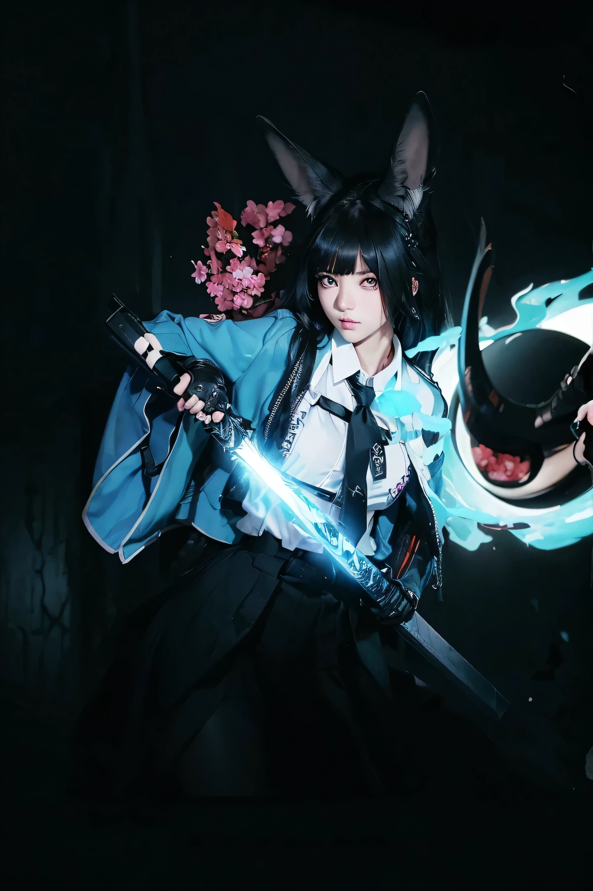 (( HOSHIMI MIYABI_ZENLESS ZONE ZERO)) photorealistic)),(highlight hair)), Light reflection, (( HD )),((upper body)), (((best quality, masterpiece))), (masterpiece) (best quality) (detail) (8k) (HDR) (wallpaper) (cinematic lighting) (sharp focuasterpiece, best quality: 1.1), Real life adaption of this character, realistic outfit, realistic shadow, realistic light, realism, hyper realistic, realistic background,realistic Headscarf,(photorealistic:1.2), (masterpiece: 1.2), (best quality: 1.3), (clear details: 1.3), ((((ultra-detailed)))), ((detailed eyes)), (extremely detailed face:1.4), (highly detailed eyelash:1.6), (Masterpiece, Best quality, best shadow), (detailed background),(masterpiece, best quality:1.2), best resolution,masterpiece, (hsmyb, fox ears, red eyes, white pupils, bright pupils, black hair, long hair, blunt bangs, sidelocks, half up braid, medium breasts, green jacket, chest strap, id card, collared shirt, white shirt, black necktie, arm strap, high-waist skirt, black skirt, long skirt, belt, tassel, black pantyhose, single gauntlet, single fingerless glove, black gloves, full-length image), one girl, battle, sword,masterpiece,best quality,amazing quality,sharp details, vivid color miyabizzz, 1girl, fingerless gloves, black necktie, black gloves, medium breasts, white shirt, looking at viewer, upper body, black skirt, collared shirt, closed mouth, hand on own chest, bright pupils, white pupils, open clothes, hand up, blue jacket, blunt bangs,mechanical arms,Blue sword aura, blue flame, blue smoke, blue light,Half body,
