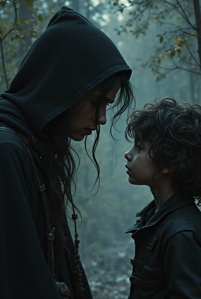 On a mountain, in rainy weather, a woman with very long black hair has an aggressive attitude and she holds an axe in her hand, Behind her stands a small boy child with curly red hair