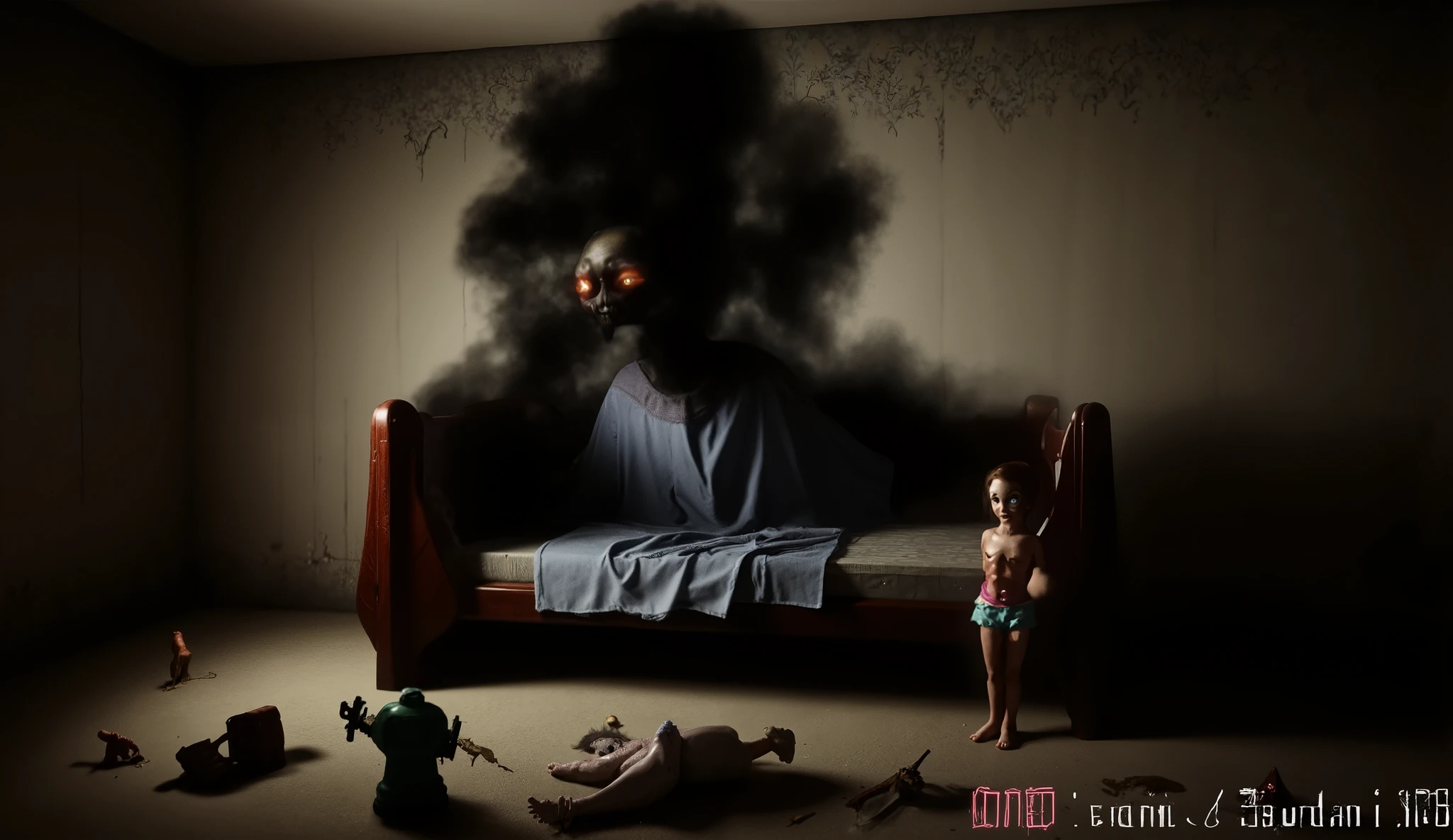 Possessed child in a creepy bedroom, supernatural horror style, eerie toys, unsettling shadows.