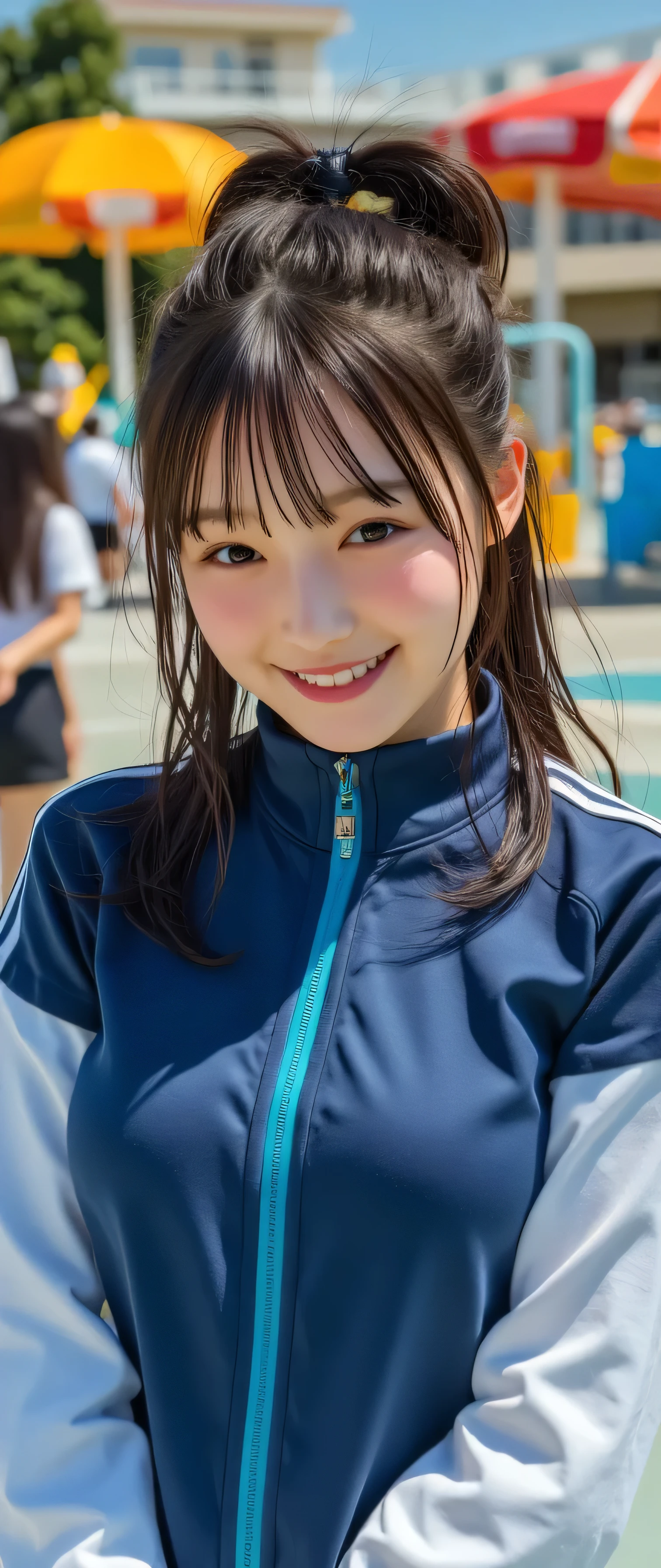 (Big round ass),(big breasts),(beautiful girl:1.3),1girl,(blunt bangs,medium hair,Black Hair), Round eyes,(She is sweating profusely),Bright blue track jacket,smile,school ground,tilt one's head,1boy,He is massaging her breasts