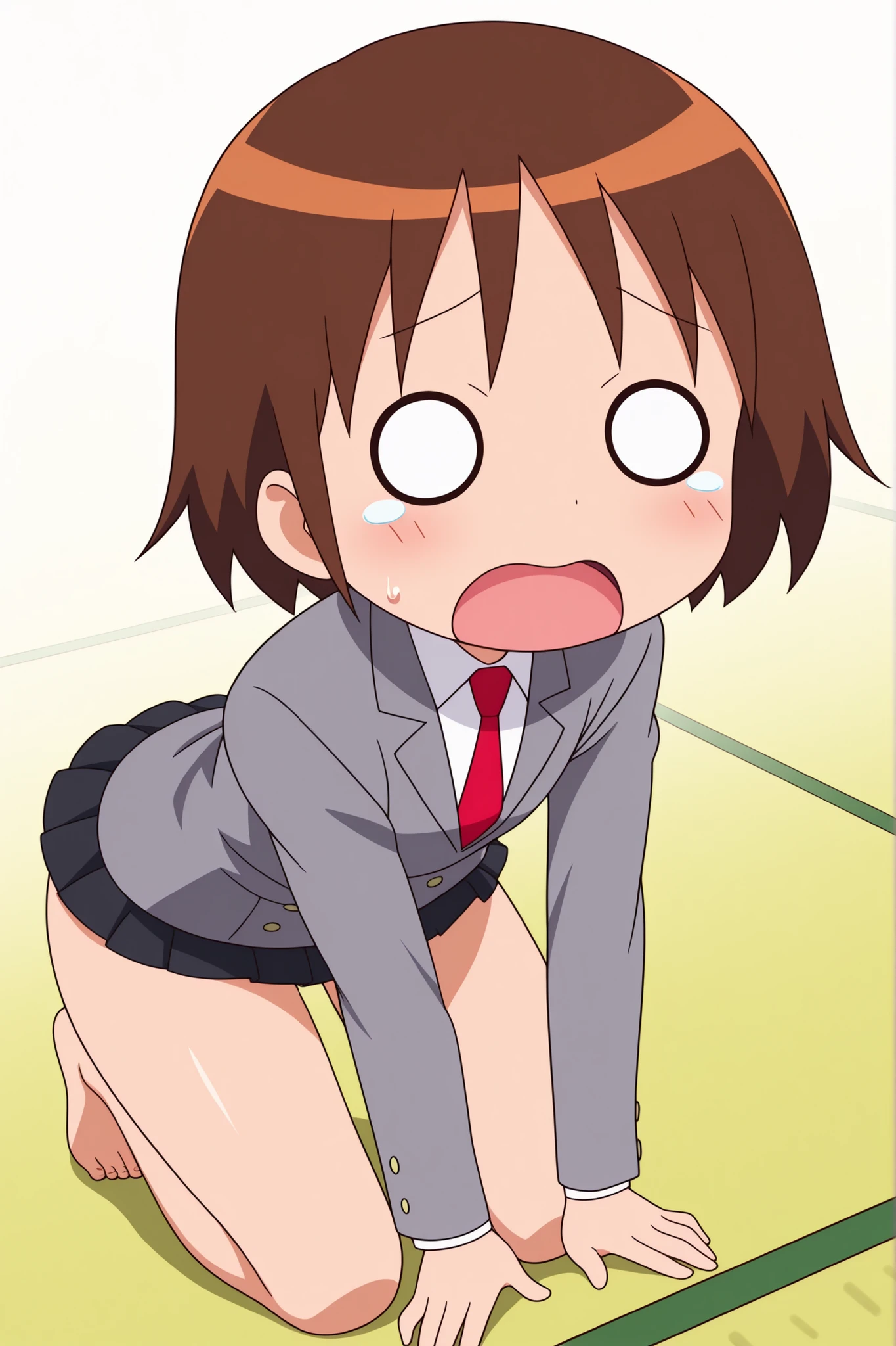 1girl, blue school outfit, torn printed panties, bare ass, hanging up, surprised, green eyes, brown hair, forest background, bite marks on ass, (ass bitten by grey wolf with yellow fangs)