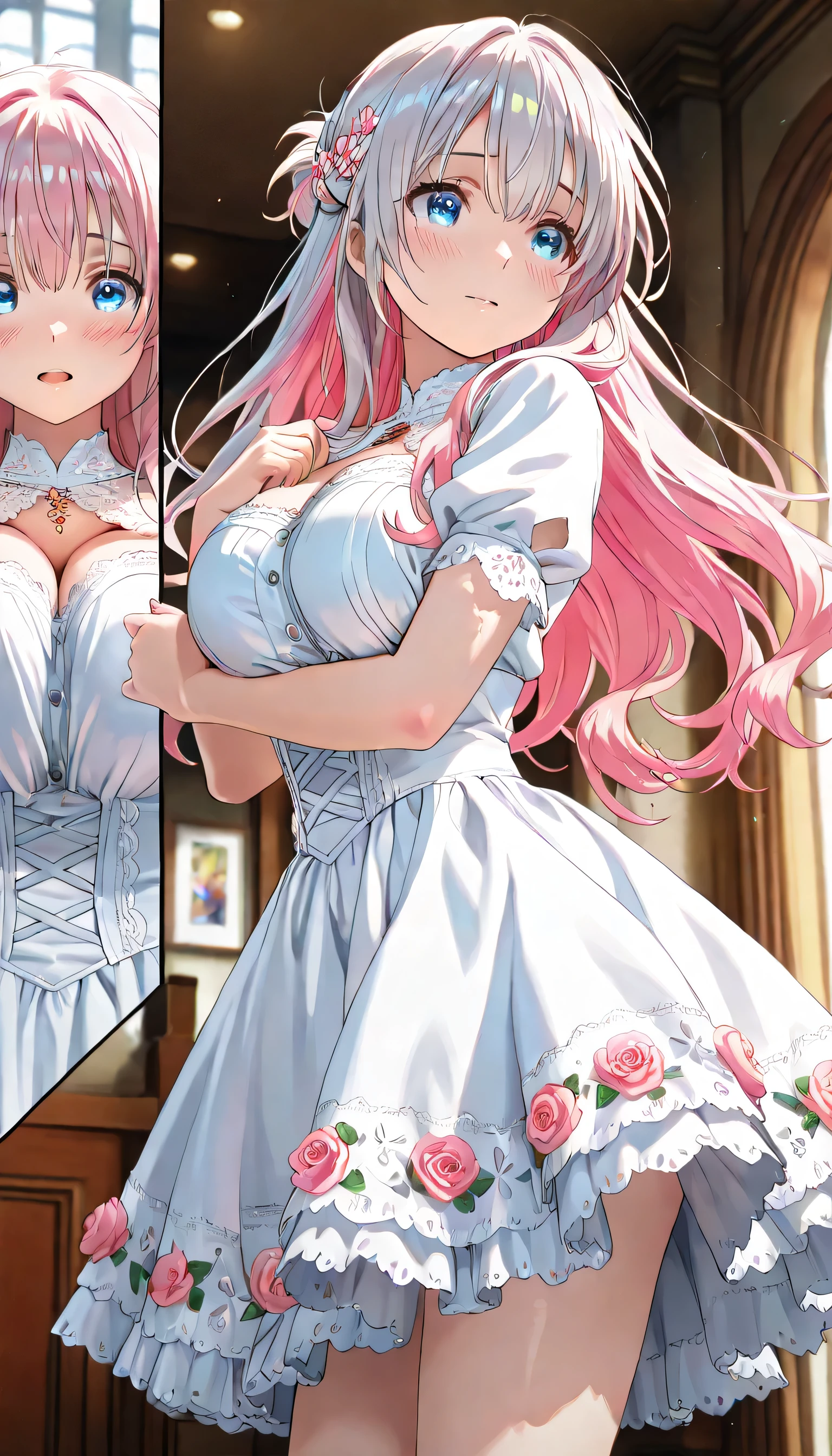 ((Top Quality、16K、​masterpiece:1.3))、a tall and beautiful woman、Perfect Figure:1.4、(dream aesthetic) Slim Abs, young natural girl (otome dori) solo, long voluminous pale-pink hair 、messy hairstyle (with hair bangs), turquoise-blue eyes, pale-white skin (highlighted, realistic shading)、natural bust、Highly detailed facial and skin texture、(A detailed eye, Symmetry Eyes, Clear realistic eyes, Double eyelidd、Cold-stricken face、Symmetrical face), very  realistic skin, goth makeup, Royal sisters full of fans、The Telegraph Esbian、peach buttocks, white shirt (wet), jeans skirt, black tights, cleavage,  squart、(Raw foto:1.2)、((Photorealcitic:1.4))Top Quality、​masterpiece、Real Photography、very delicate and beautiful.、super detailed CG、Unity、8K photo wallpaper、delicate detail、best qualtiy、Highly detailed CG unity 16k wallpaper、absurderes、Incredibly Absurd、huge file size、extremely highly detailed、Hight Resolution、ighly Details、Beautiful detail girl、extremely beautiful eyes and face, cute eyes look、Facial light、cinematic lightings, 1girll、see -through, inside house (bedroom) 、ulzzang-6500、The Telegraph Esbian, different poses at different angles,