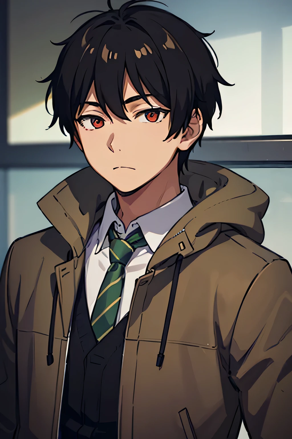 22 years old man, indonesian, slightly plump body, black hair, red eyes, wearing a casual men's shirt, wearing a slightly messy green striped tie, wearing a brown parka jacket, calm, cold, genius, analytical, sharp, silly, cheerful, likes to joke, Sharp eyes full of pressure, close up, Hd, facing forward, half body
