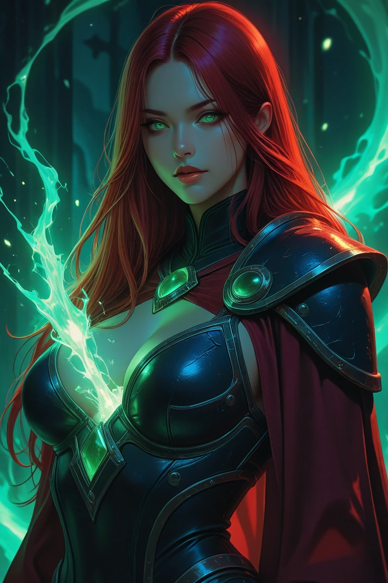 (best quality,4k,8k,highres,masterpiece:1.2),ultra-detailed,(realistic,photorealistic,photo-realistic:1.37), a powerful Sorceress with scarlet hair and piercing blue eyes, black clothes, casting spells in a mystic forest, dark magic
