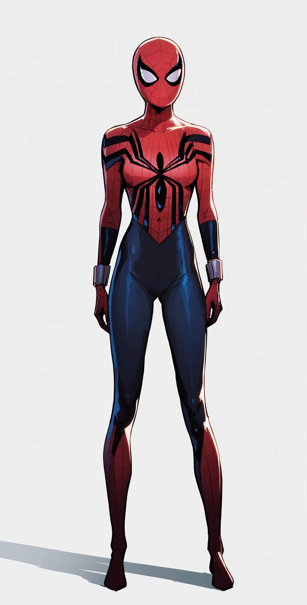Spider-Girl arms by sides, empty handed, standing pose, full body shot, facing viewer, facing forward, seductive smile, plain white background